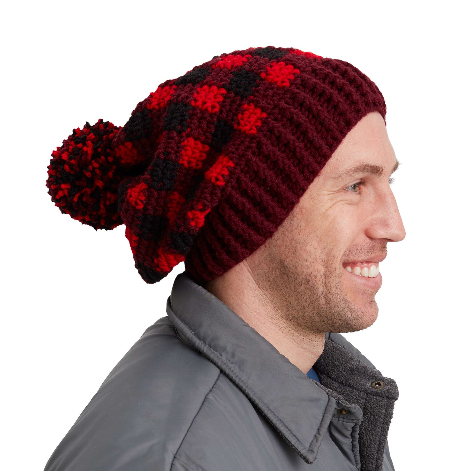 Free Red Heart Buffalo Plaid Crochet Hat For Him Pattern