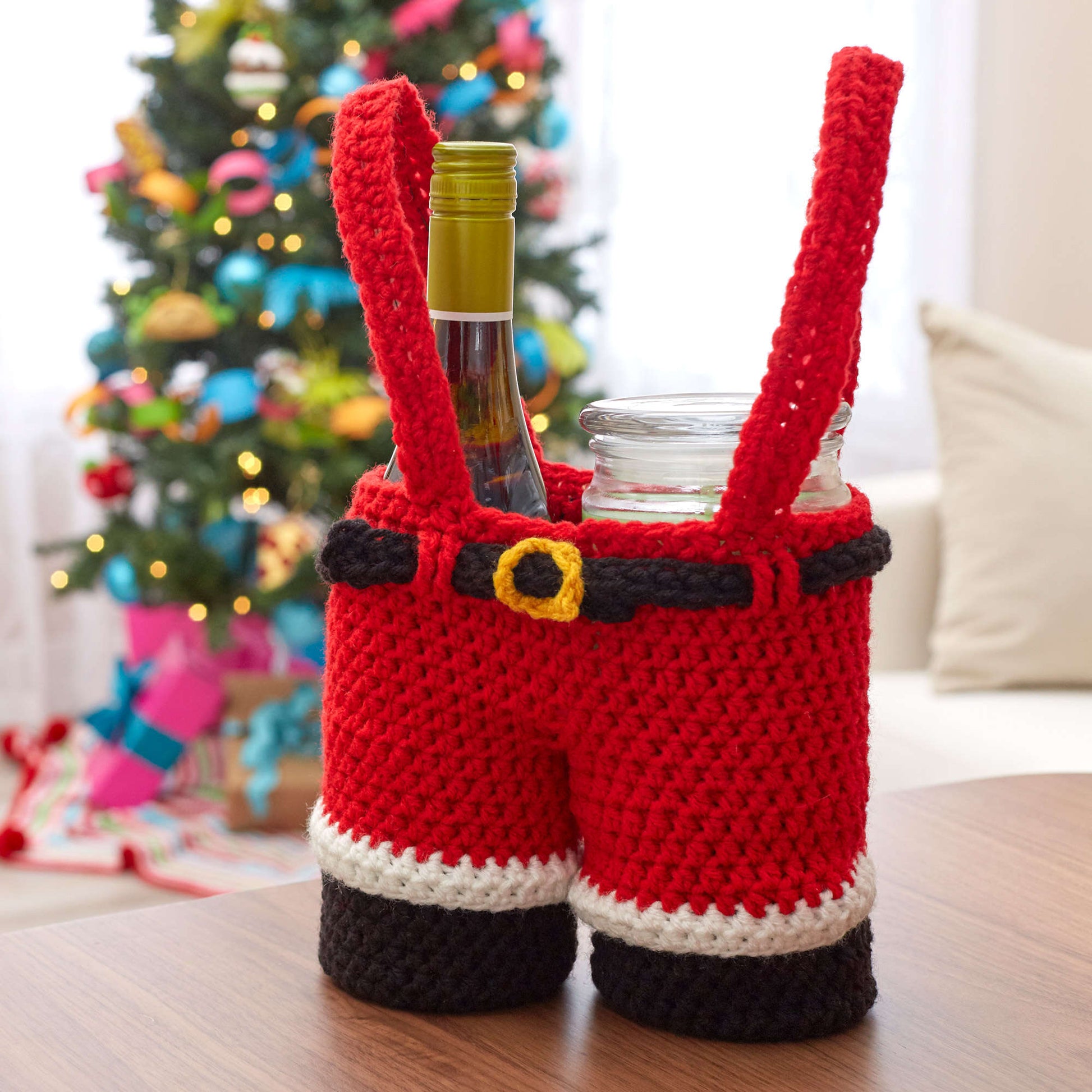 Free Red Heart Crochet Santa Pants Gift Holder Pattern