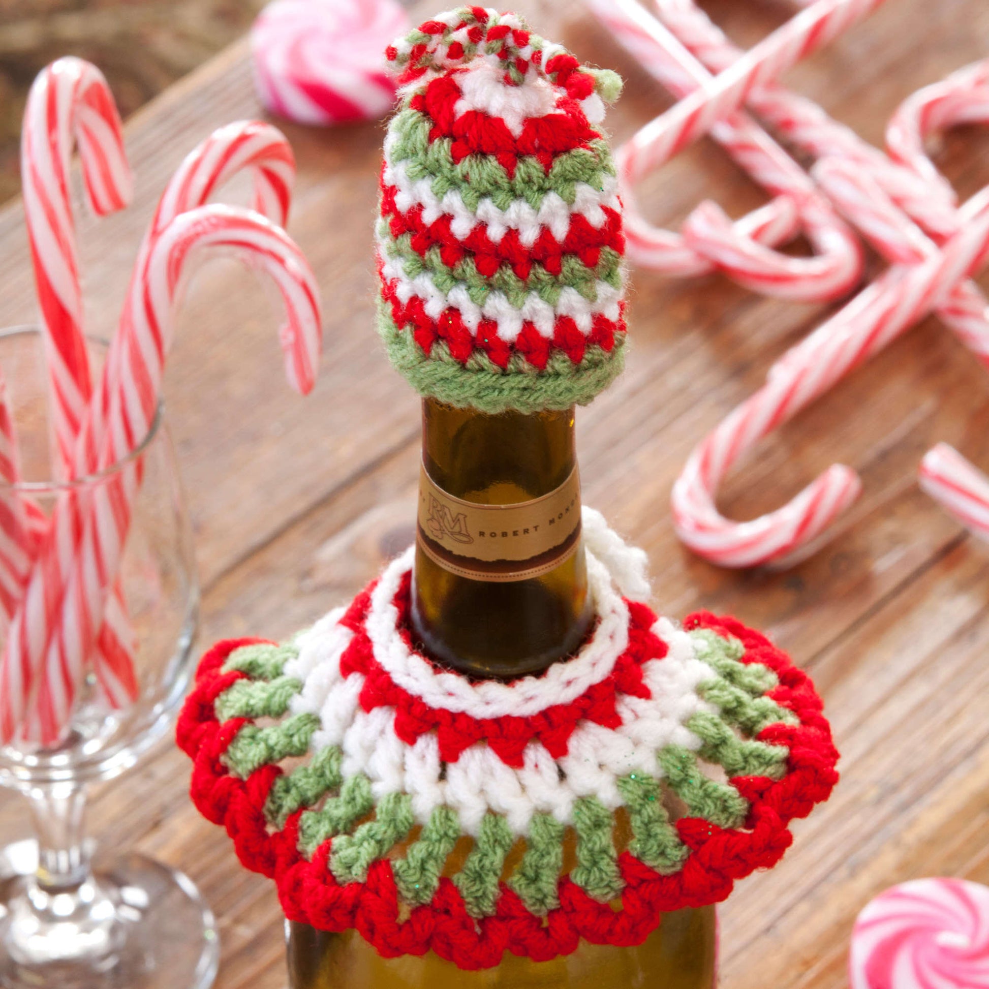 Free Red Heart Crochet Festive Bottle Dressings Pattern