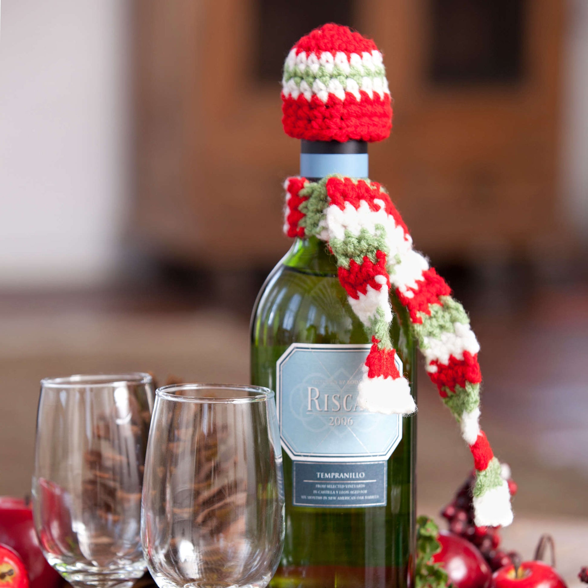Free Red Heart Dressed-to-Party Bottle Accessories Crochet Pattern