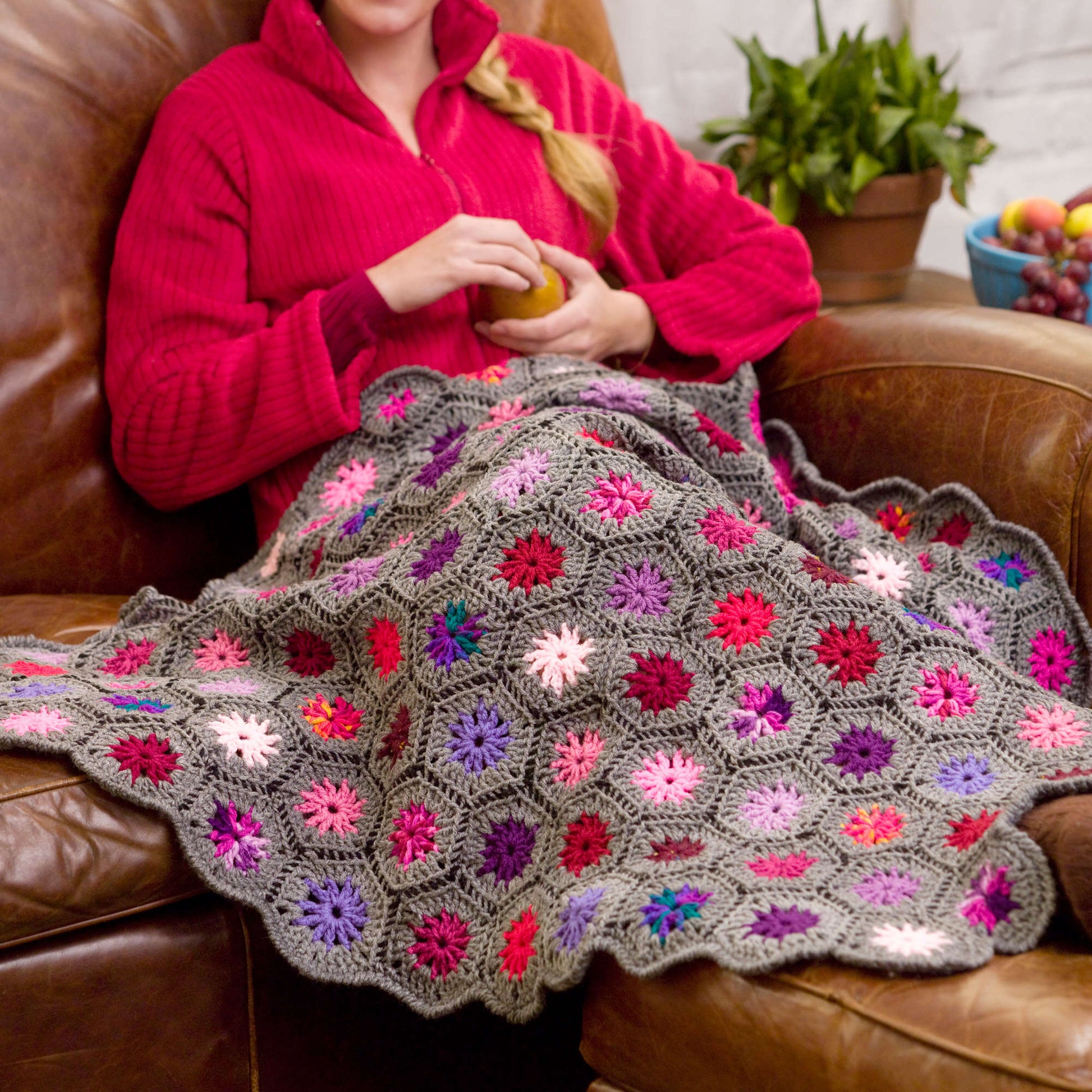 Free Red Heart Blooming Hexagons Throw Crochet Pattern