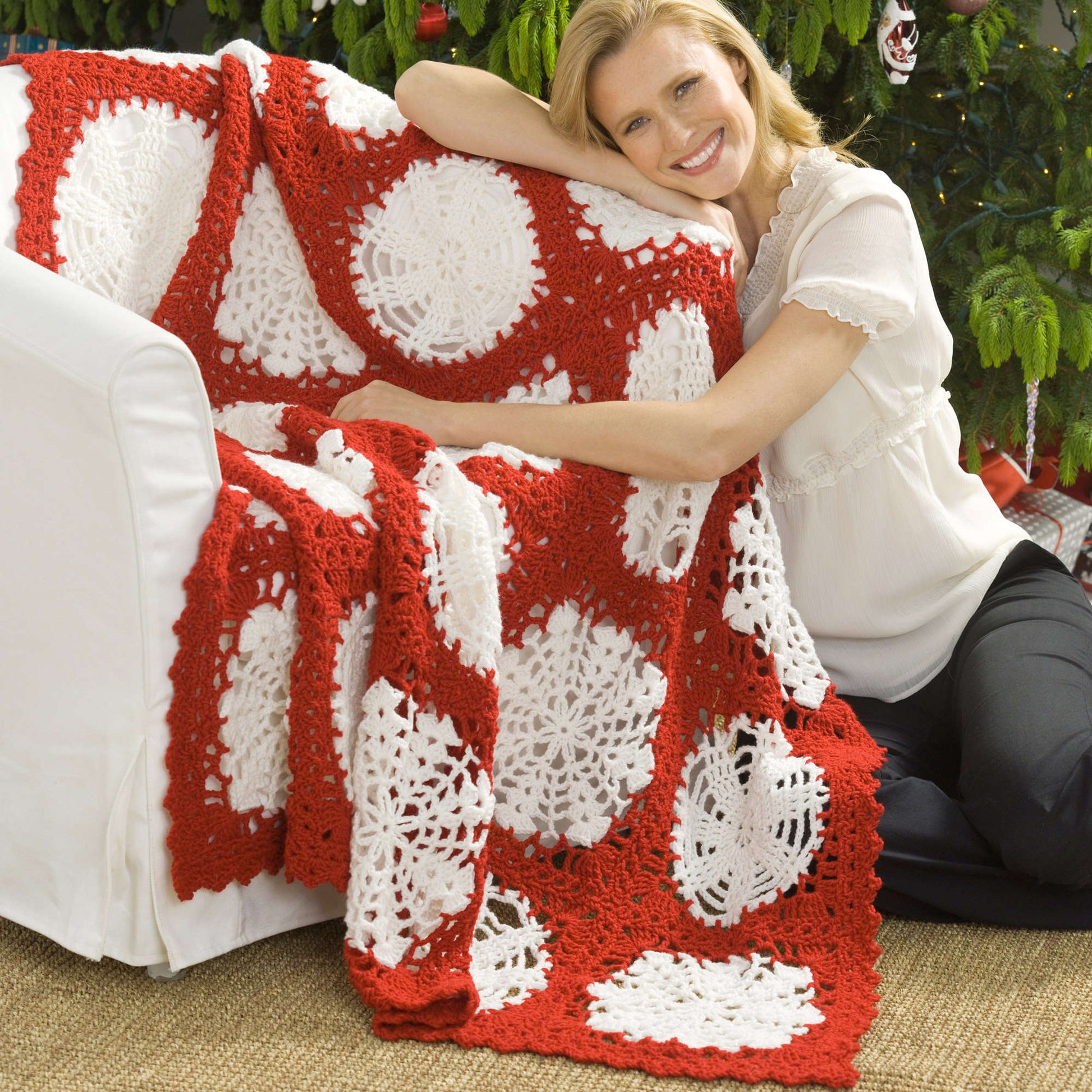 Red Heart Scandinavian Snowflake Throw Crochet Blanket made in Red Heart Super Saver yarn