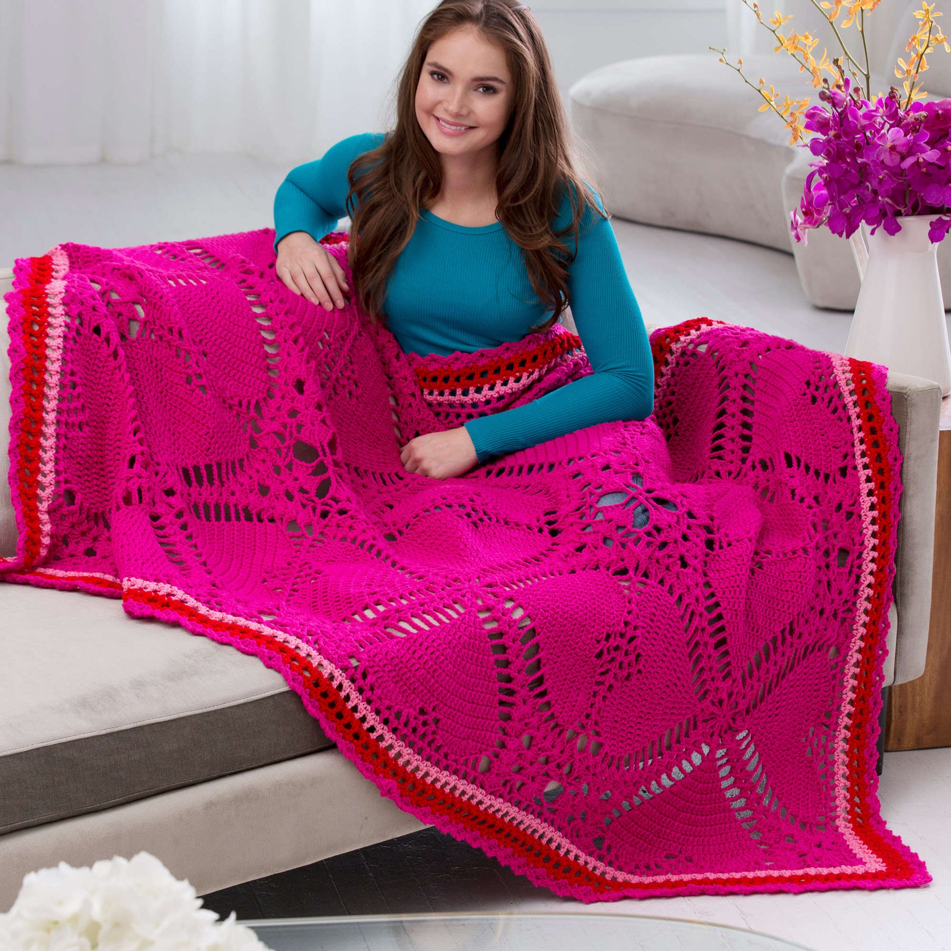 Free Red Heart Lovely Hearts Throw Crochet Pattern