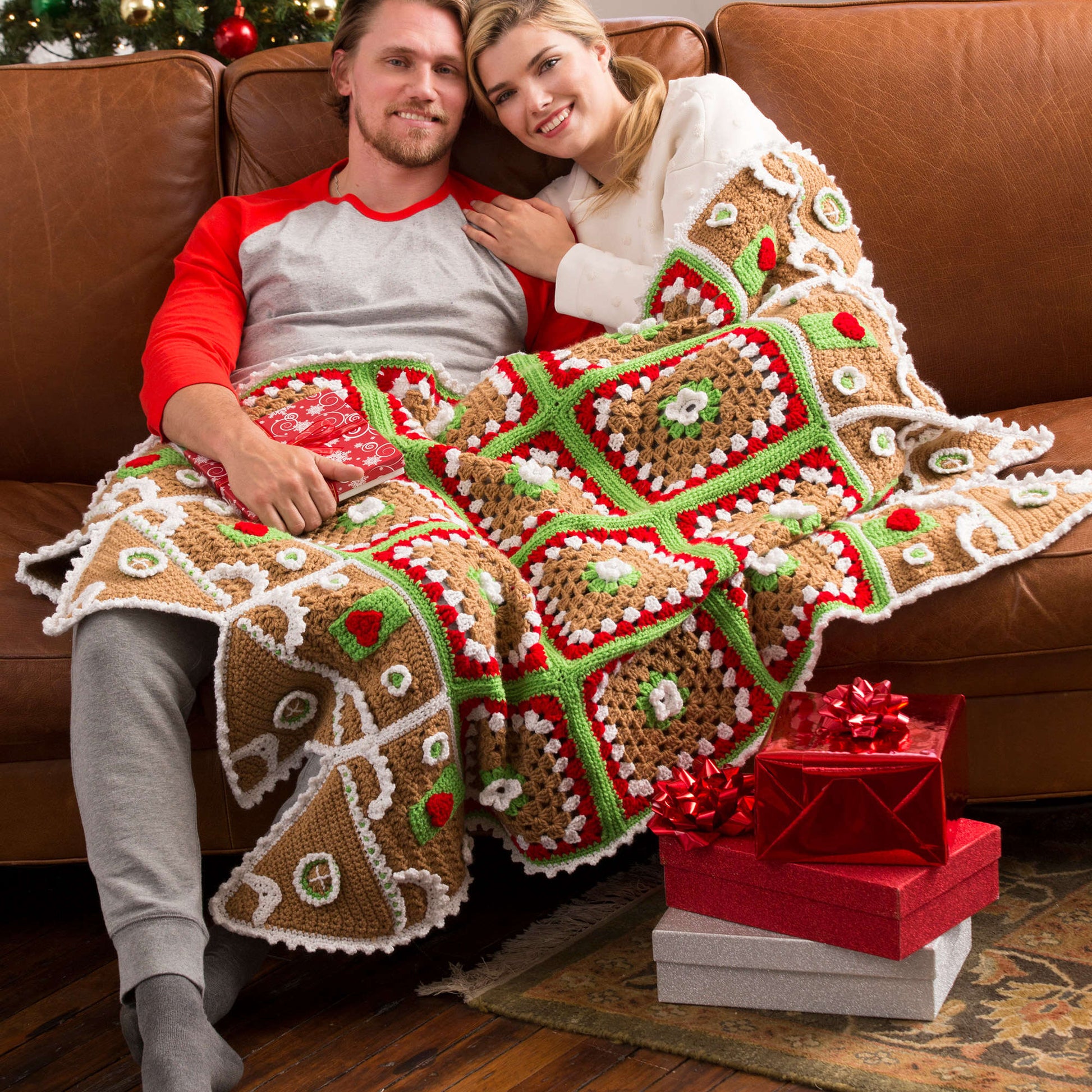 Free Red Heart Crochet Gingerbread House Throw Pattern