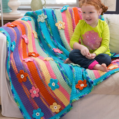 Red Heart Crochet Stripes & Flowers Throw Crochet Throw made in Red Heart Super Saver Yarn
