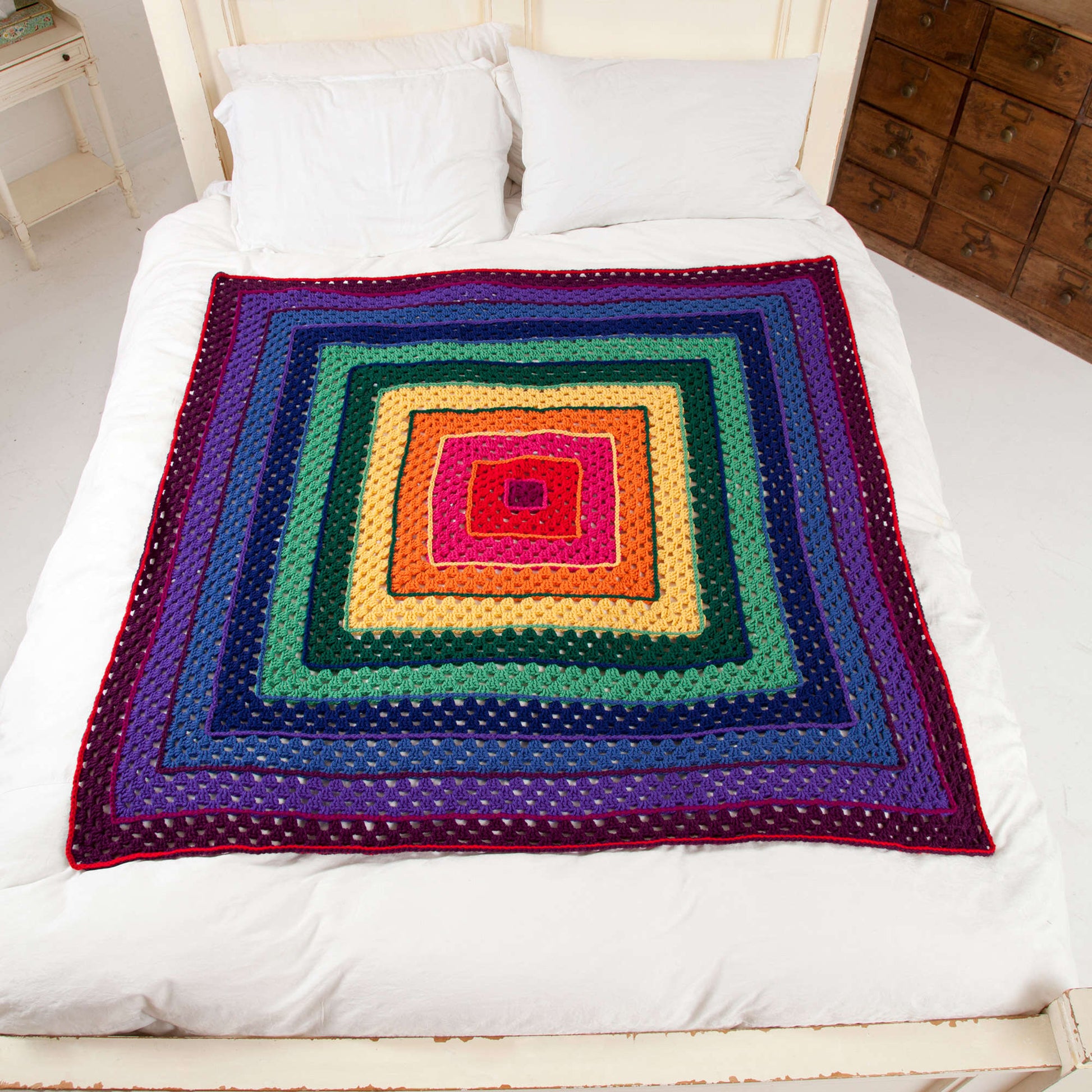 Free Red Heart Bright Squares Art Throw Crochet Pattern