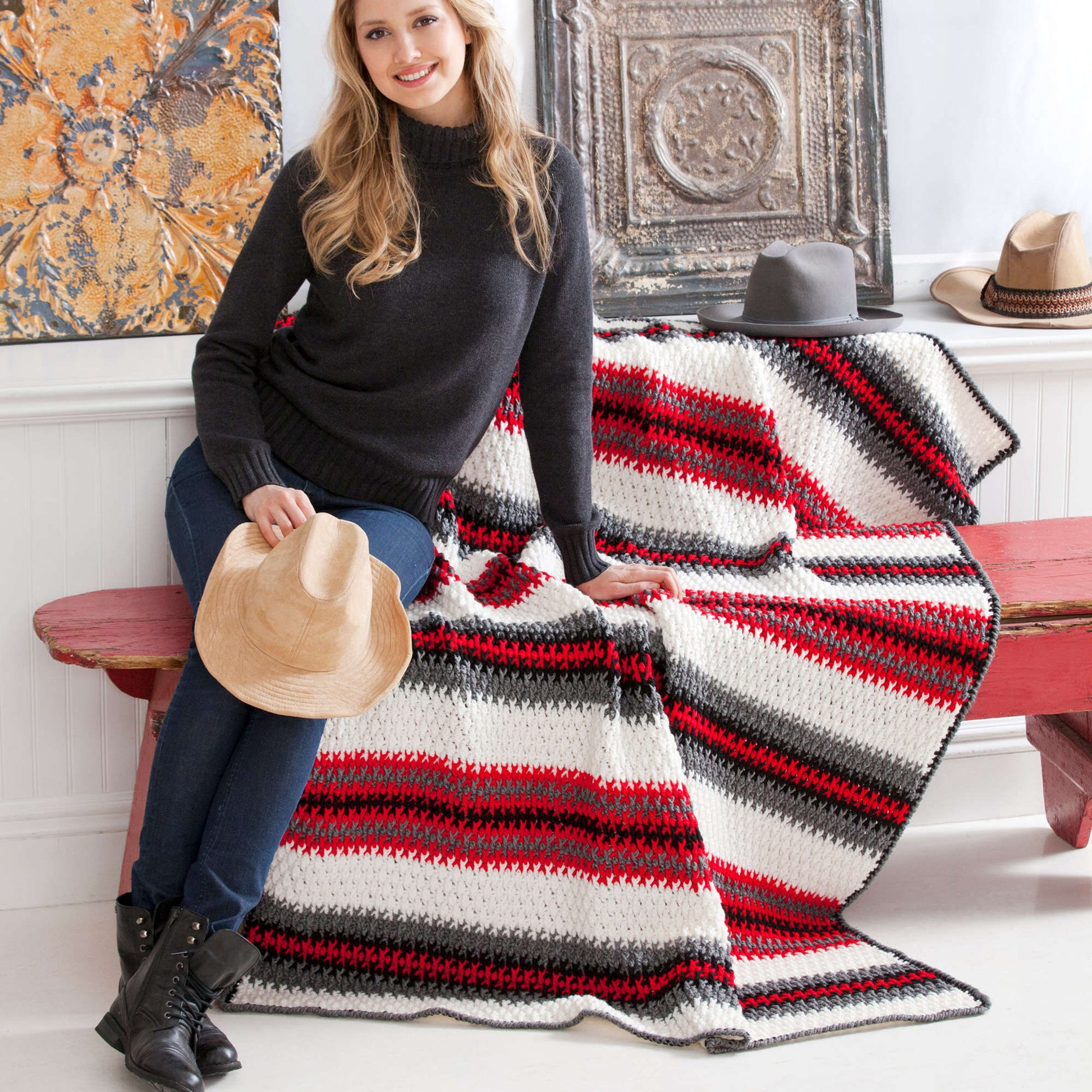 Free Red Heart Crochet Textured Stripes Throw Pattern