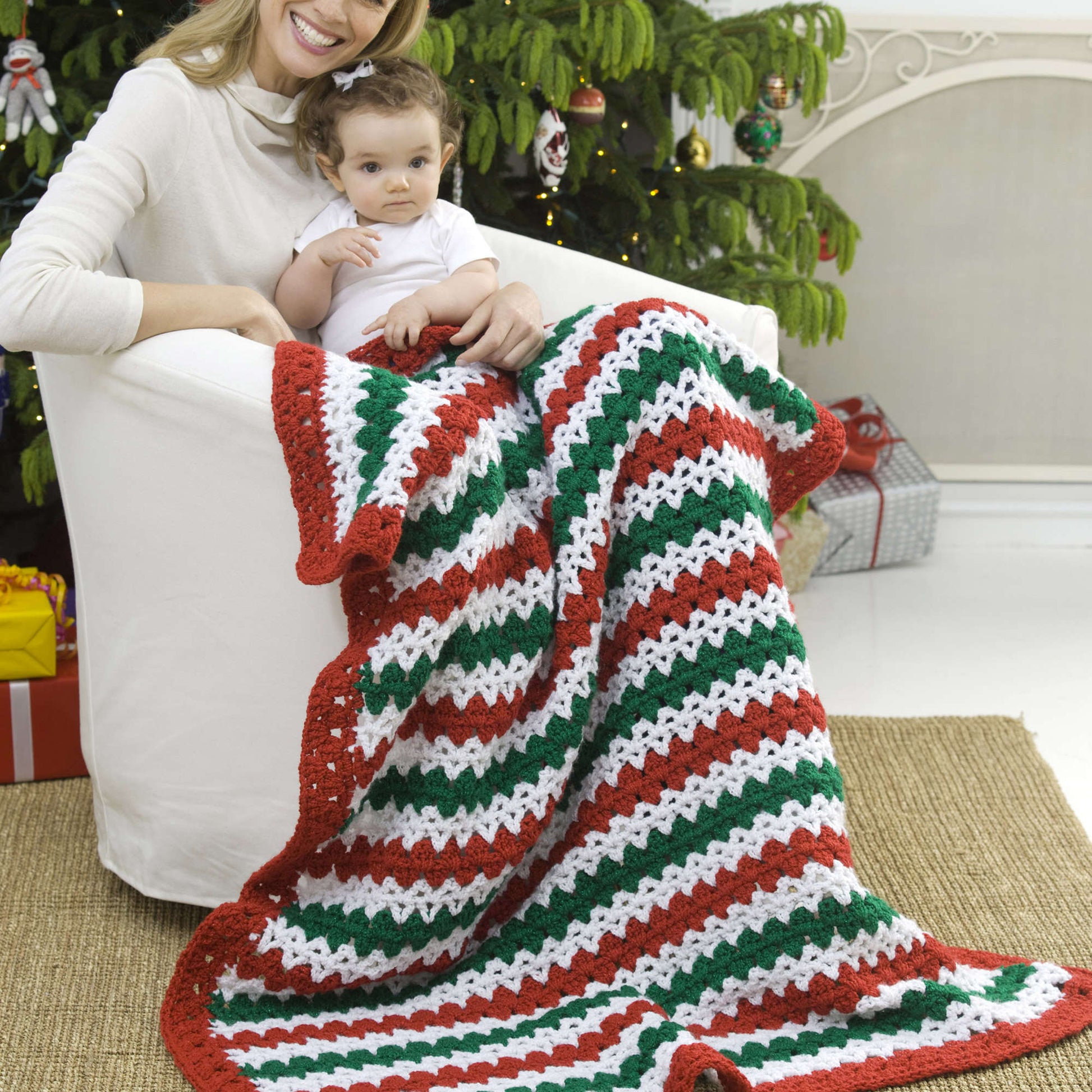 Free Red Heart Crochet Holiday Stripes Throw Pattern