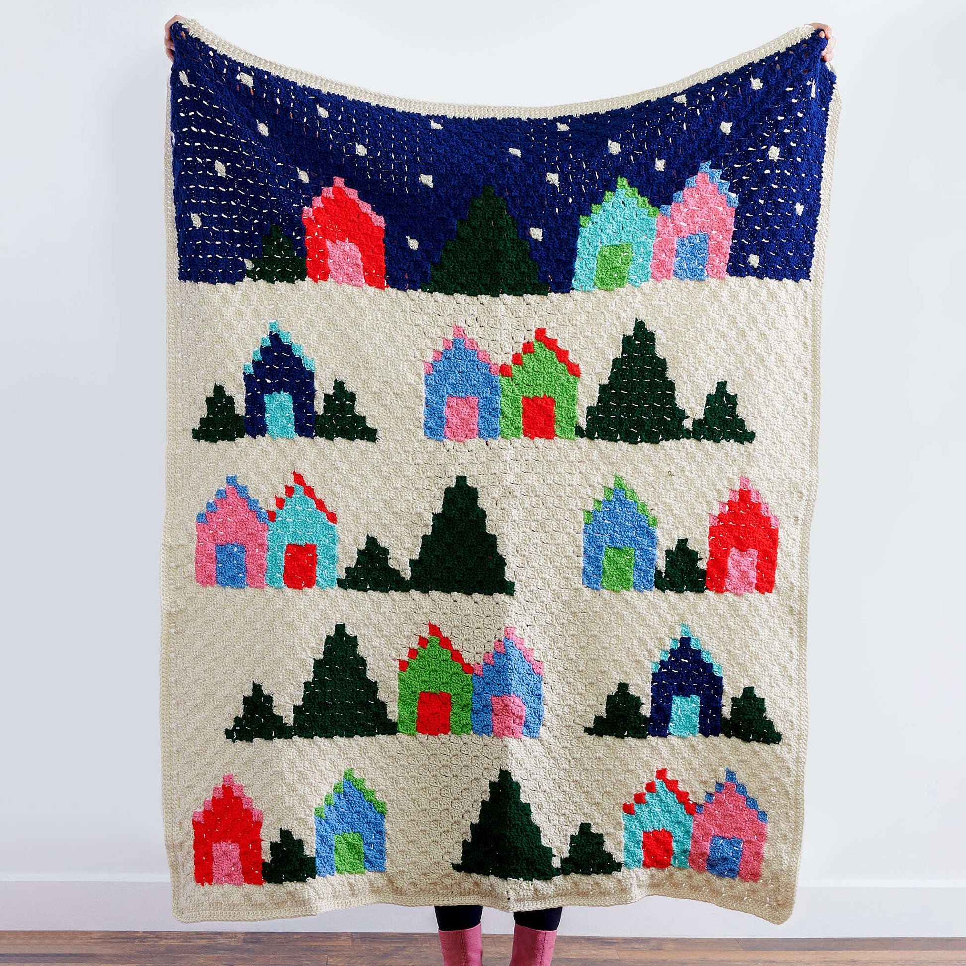 Free Red Heart Snowy Village Crochet Blanket Pattern