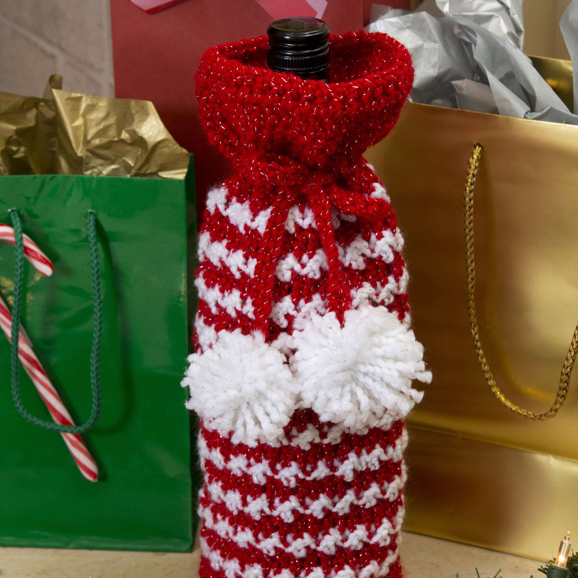Free Red Heart Crochet Holiday Spirit Bottle Bag Pattern