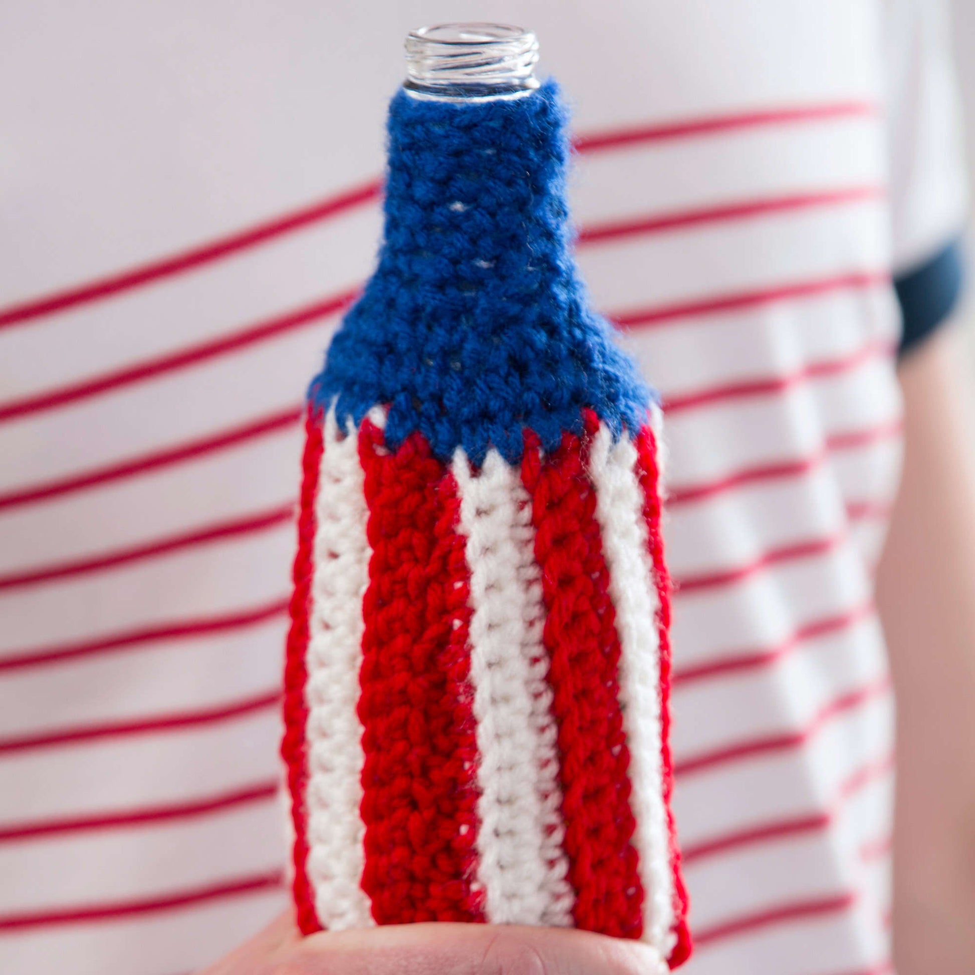 Free Red Heart Patriotic Stripes Bottle Cozy Crochet Pattern