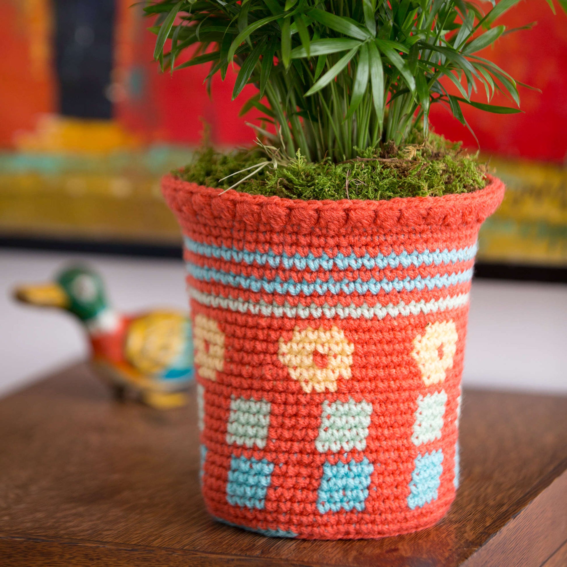 Free Red Heart Tapestry Flower Pot Cozy Crochet Pattern