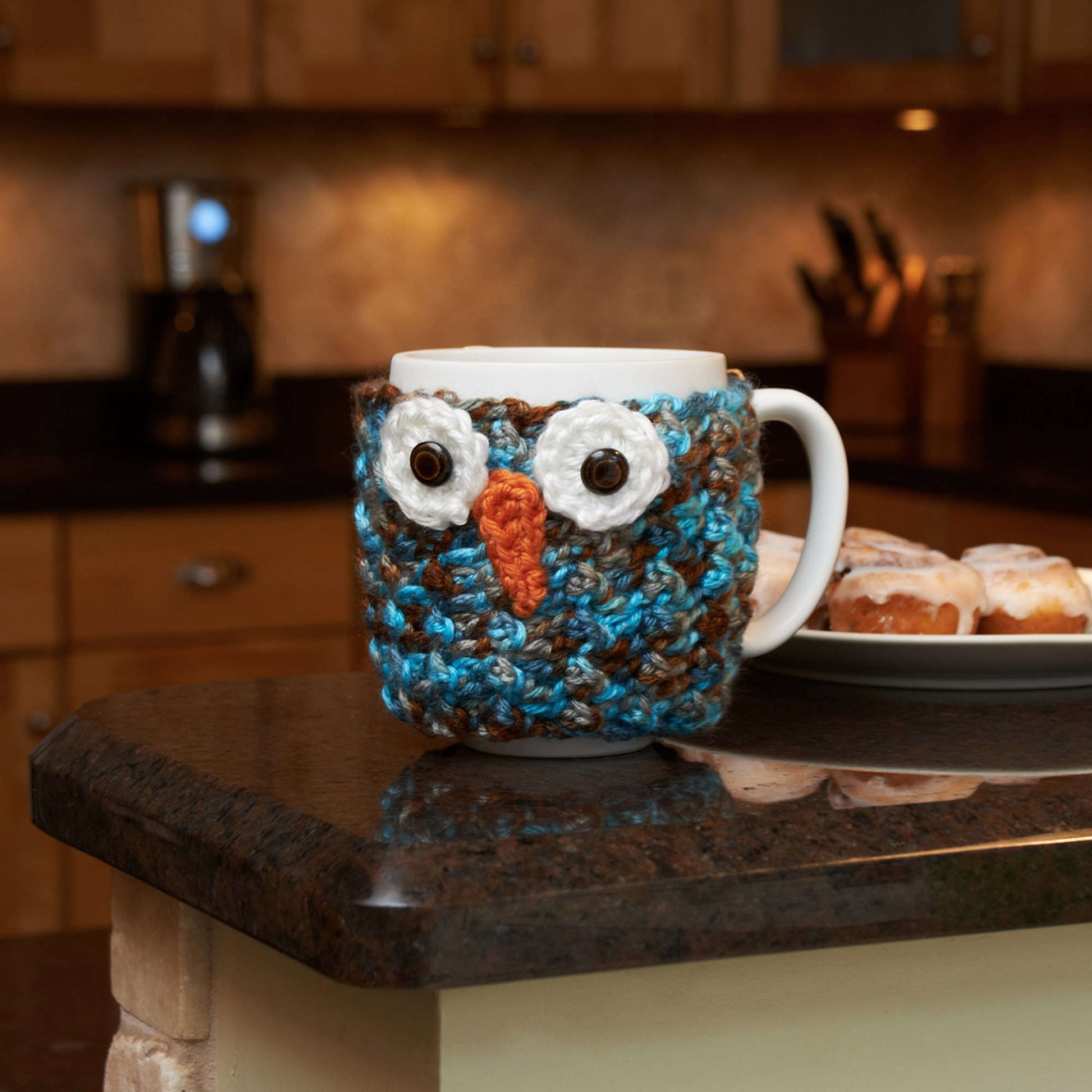 Free Red Heart Woodland Owl Cup Cozy Crochet Pattern