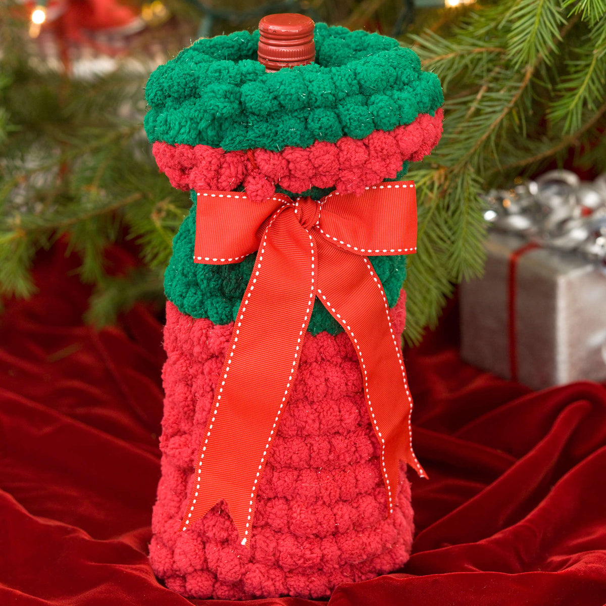 Crochet Bottle Cover made in Red Heart Spark-a-Doodle Yarn