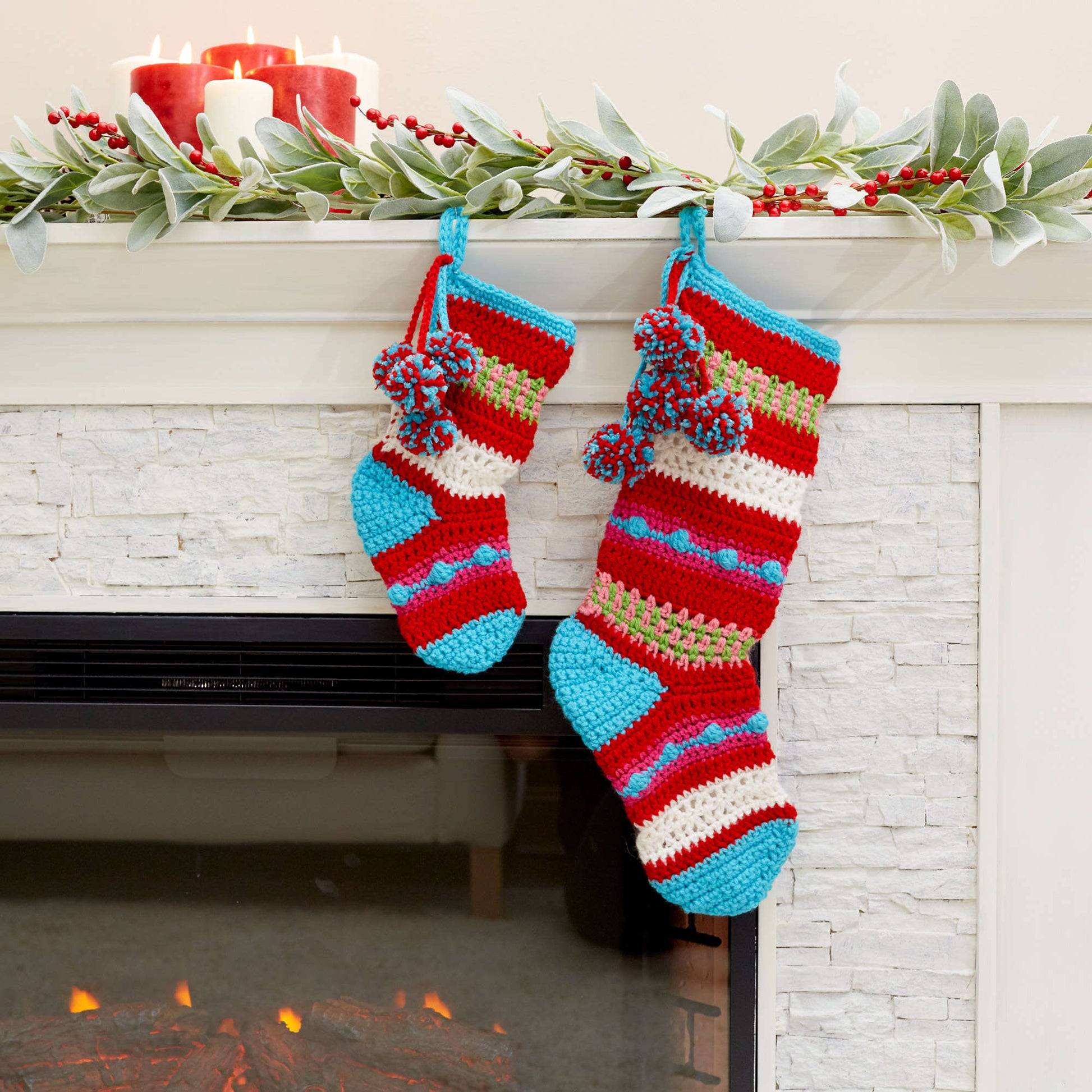 Free Red Crochet Heart Pompoms & Stripes Holiday Stockings Pattern