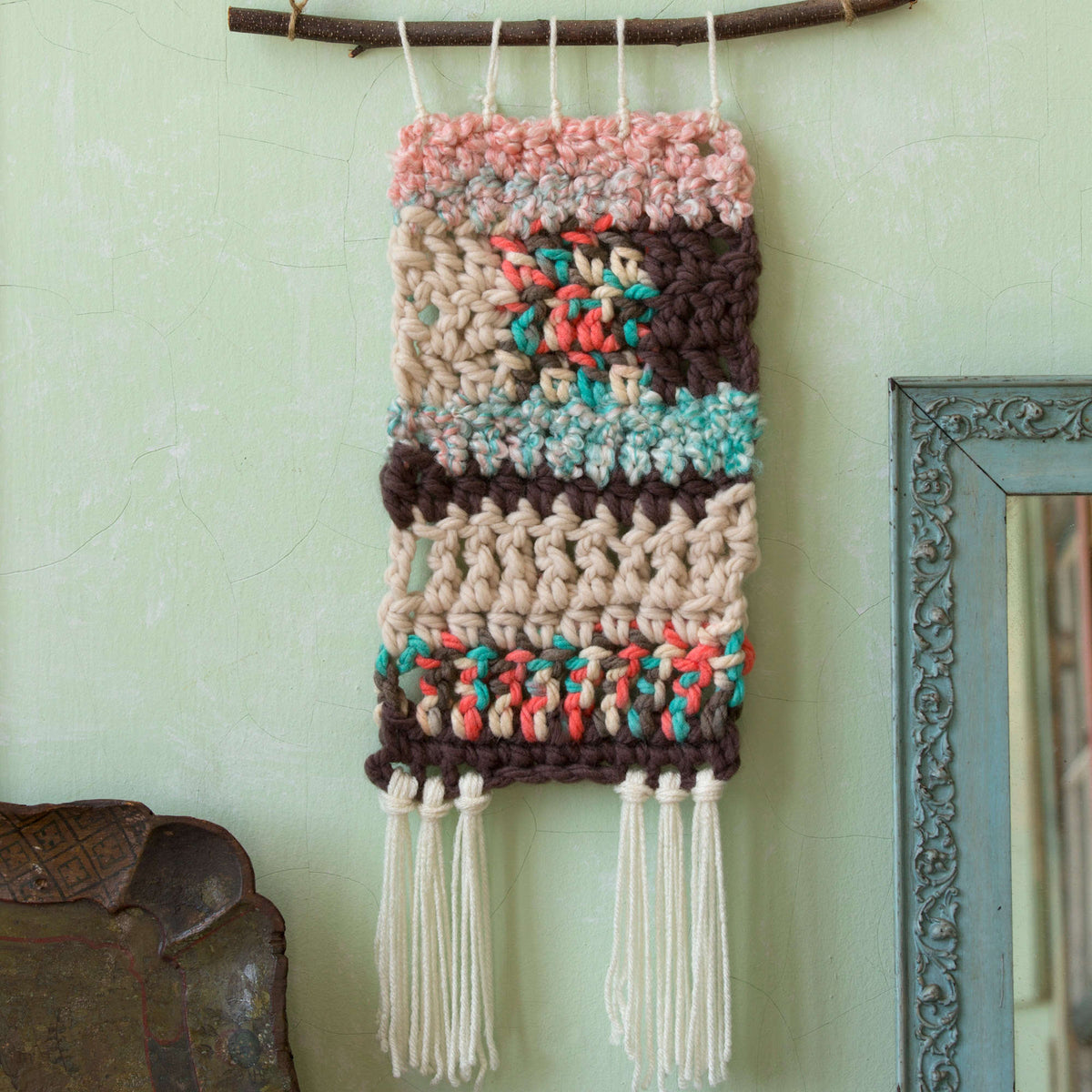 Crochet Hangings made in Red Heart Mixology Solids Yarn