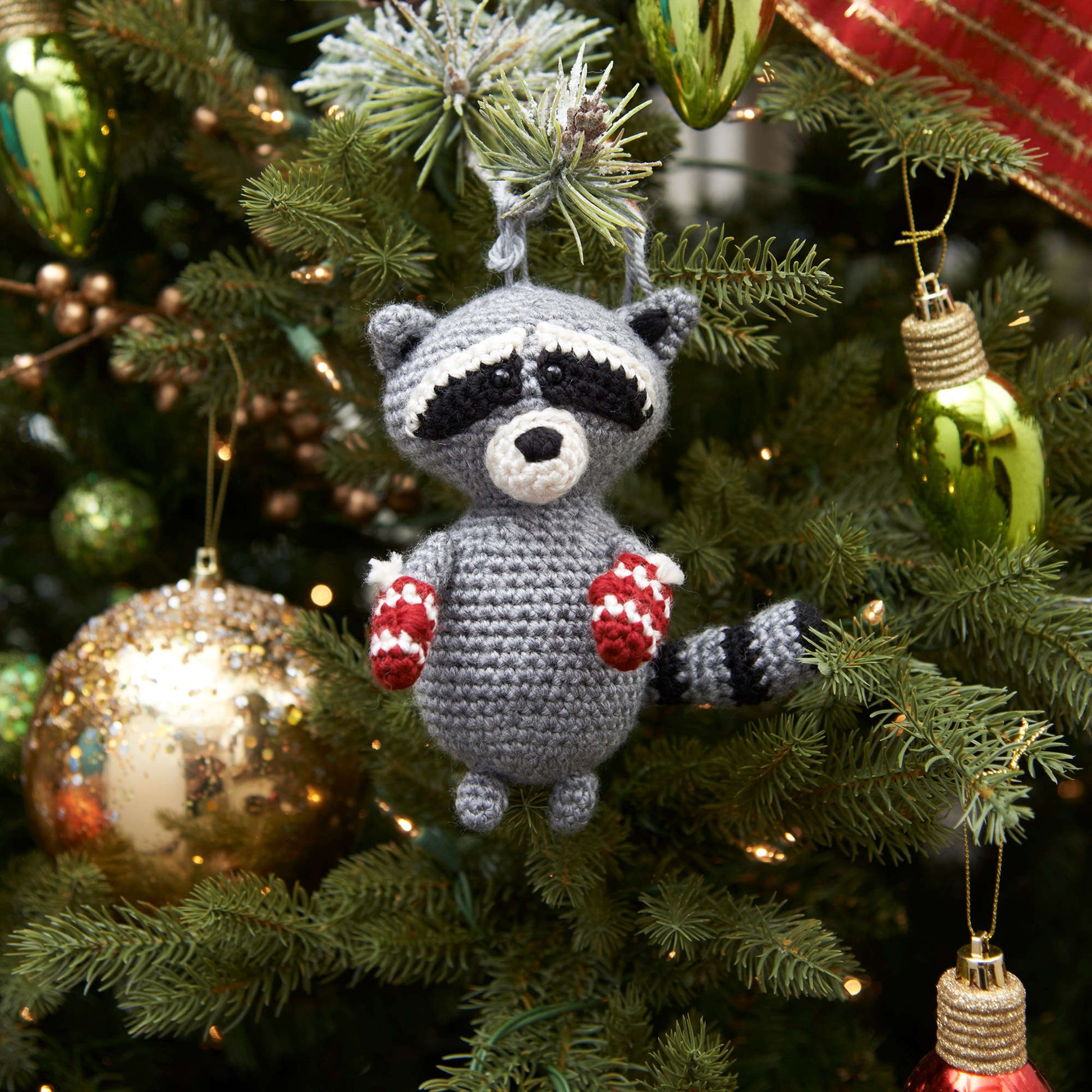 Free Red Heart Raccoon Ornament Crochet Pattern
