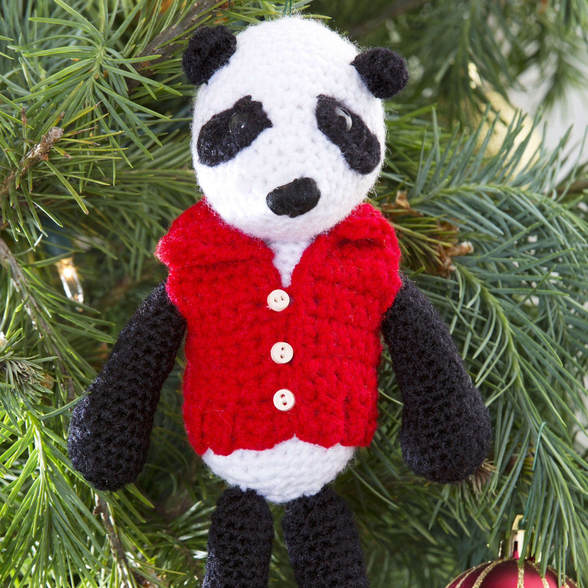 Free Red Heart Vested Panda Ornament Crochet Pattern