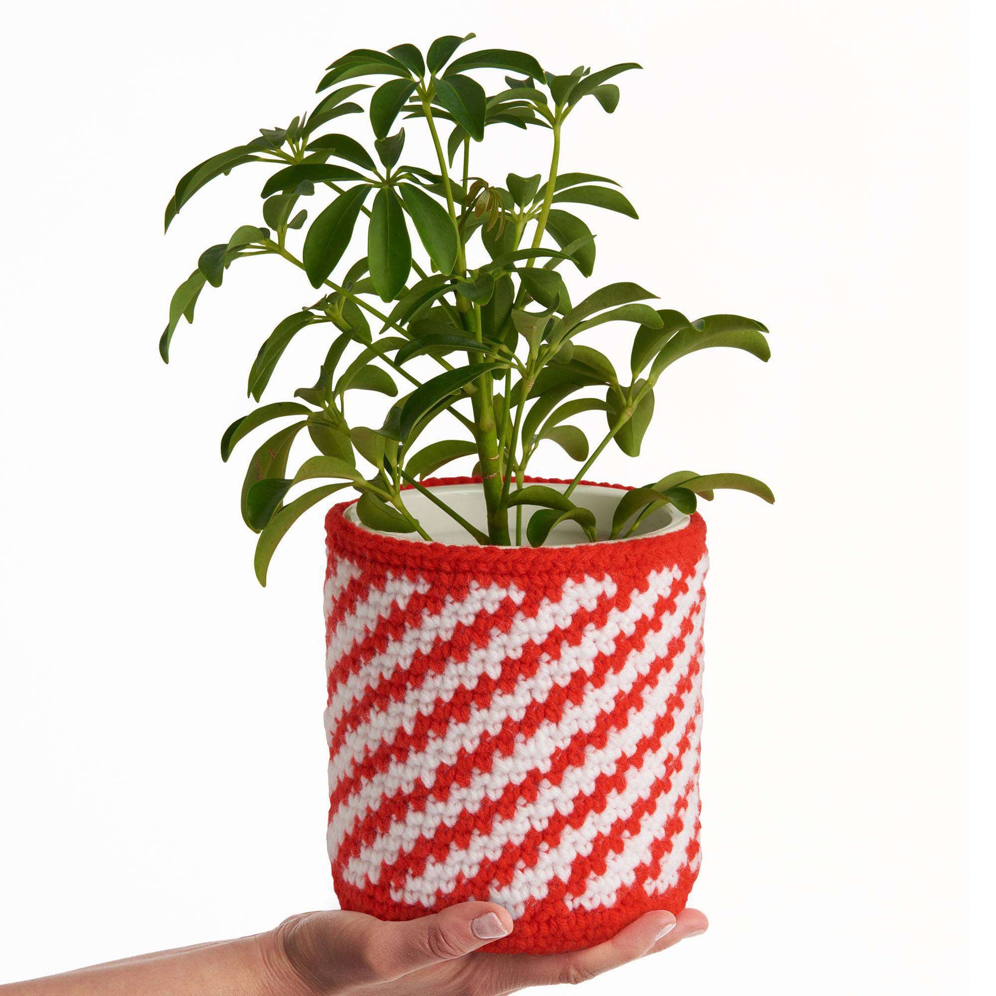 Free Red Heart Crochet Peppermint Twist Plant Pot Cozy Pattern