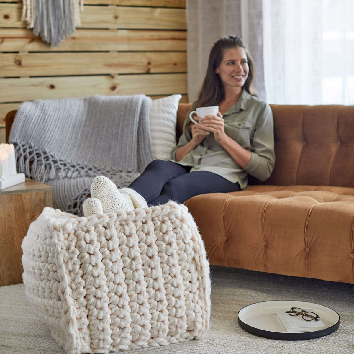 Crochet Pouf made in Red Heart Irresistible Yarn
