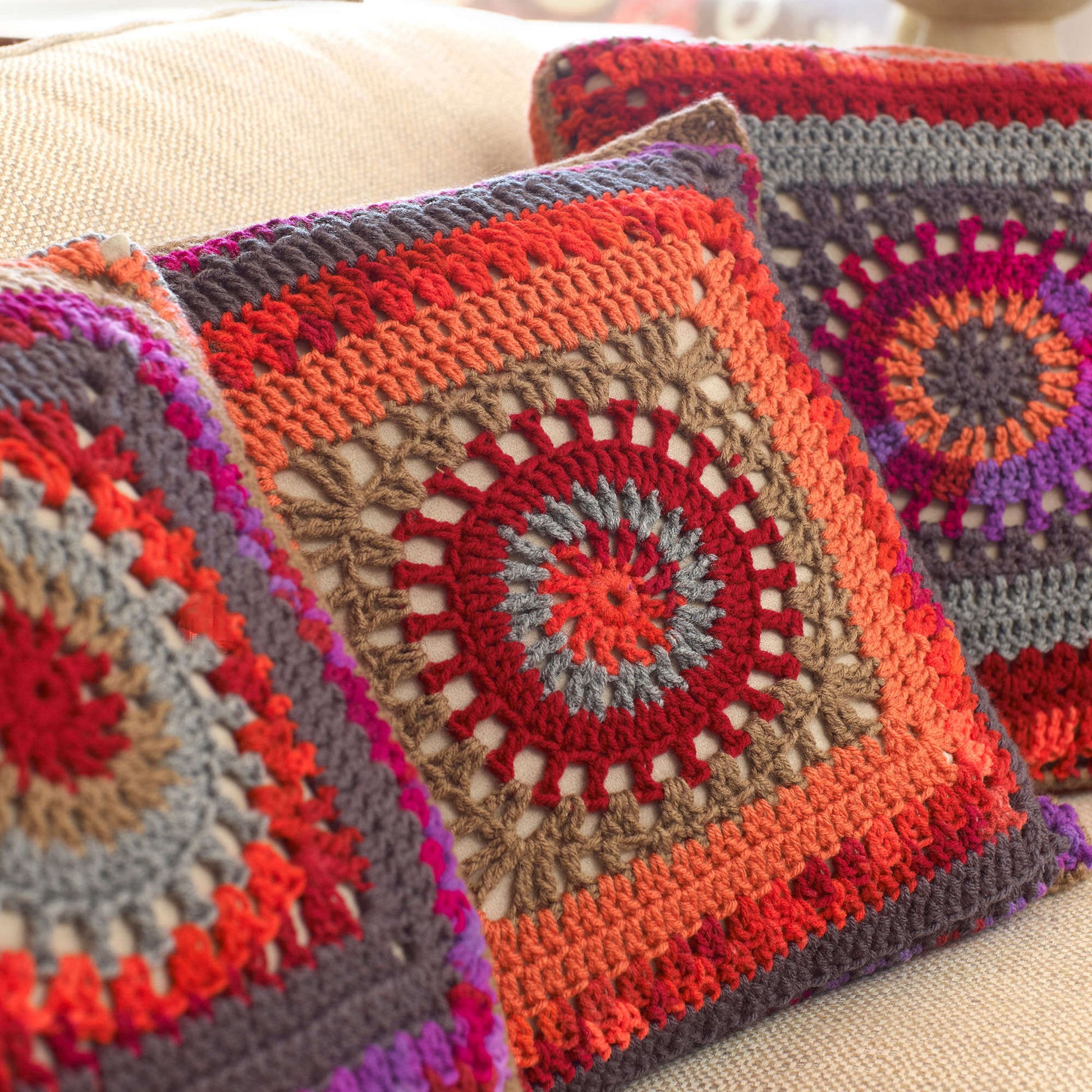 Free Red Heart Crochet Circle In The Square Pillows Pattern