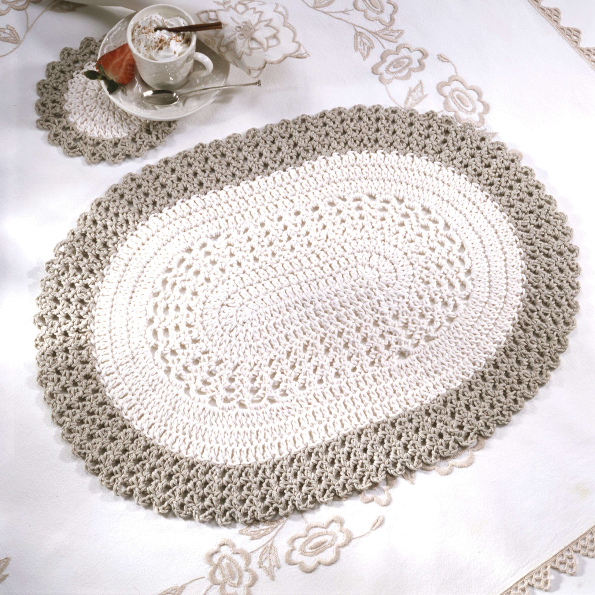 Free Red Heart Crochet Oval Placemat & Coaster Pattern