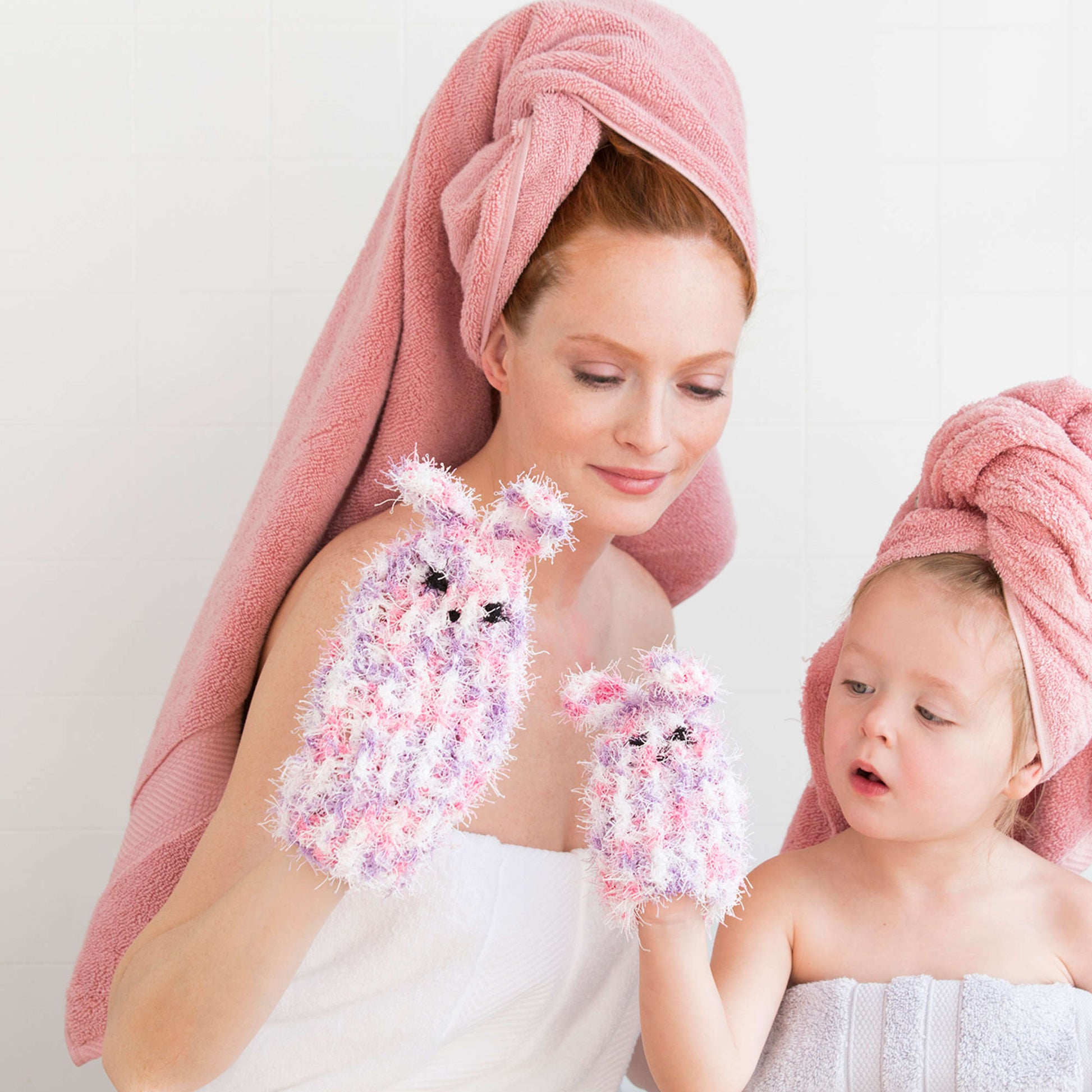 Free Red Heart Crochet Mom & Me Bunny Scrubby Mitts Pattern