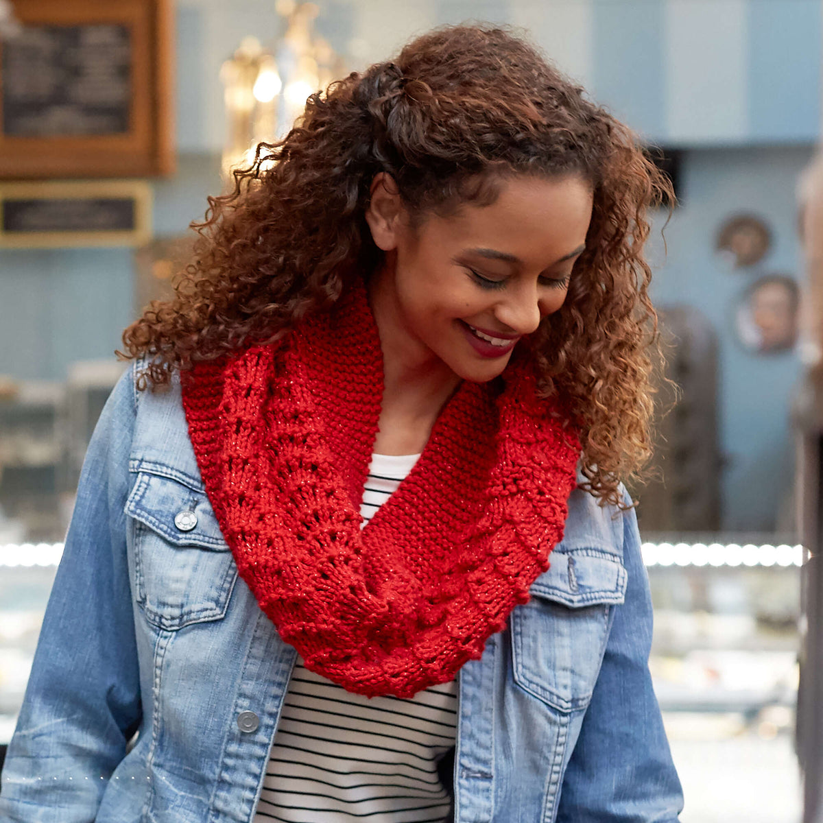 Knit Cowl made in Red Heart With Love Metallic Yarn