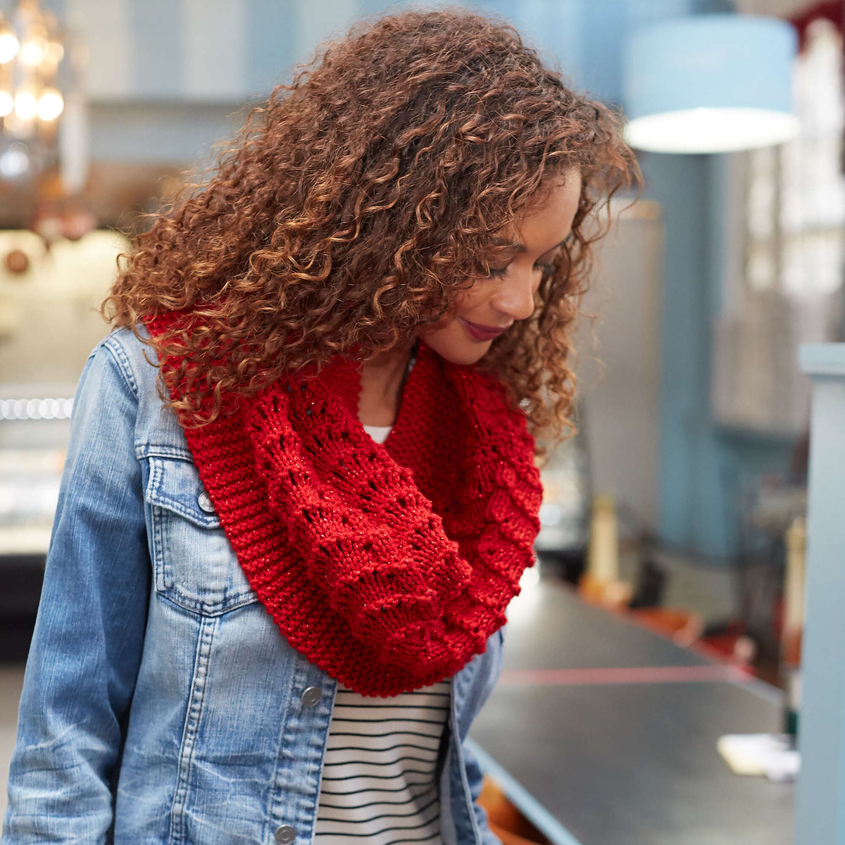 Knit Cowl made in Red Heart With Love Metallic Yarn