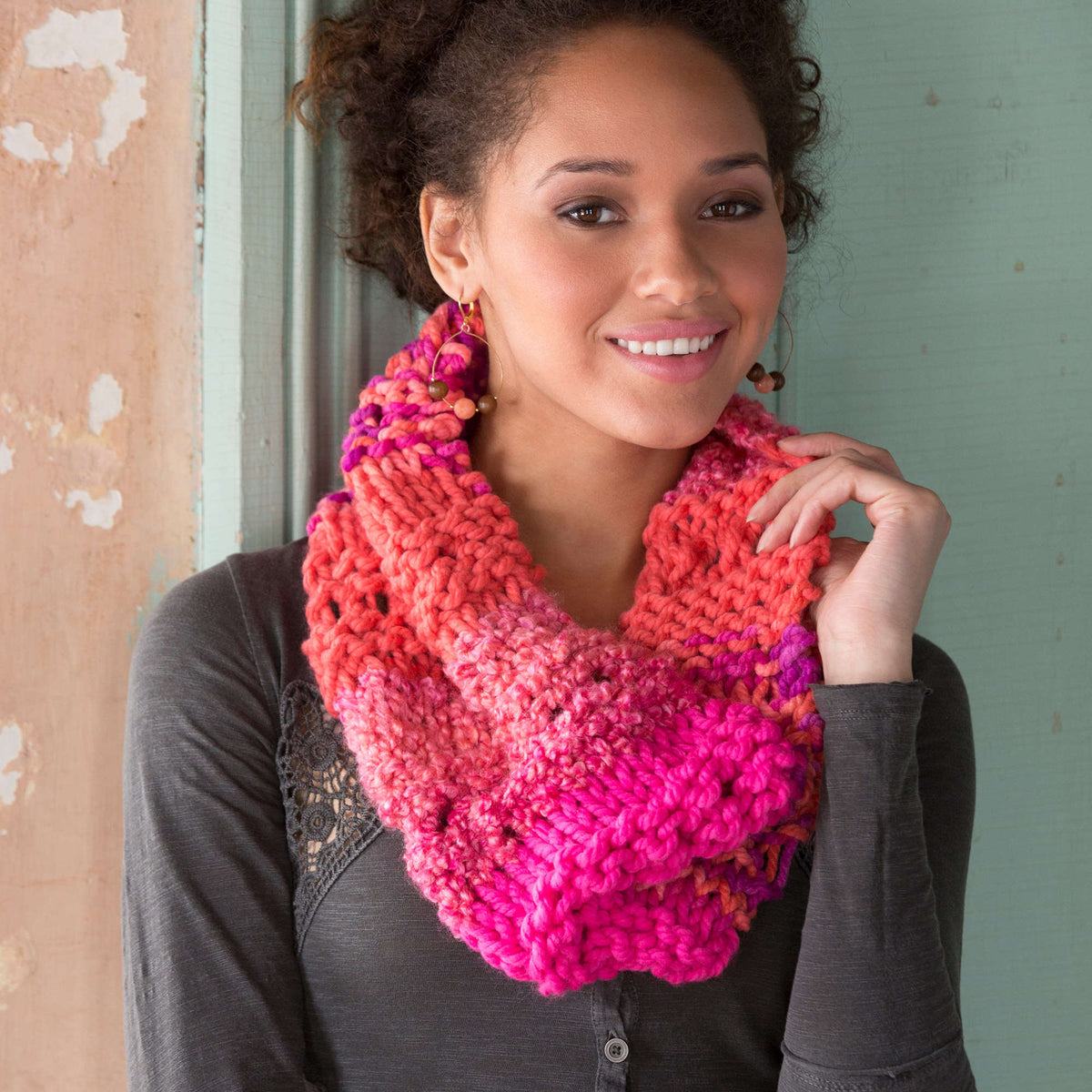 Knit Cowl made in Red Heart Mixology Prints Yarn
