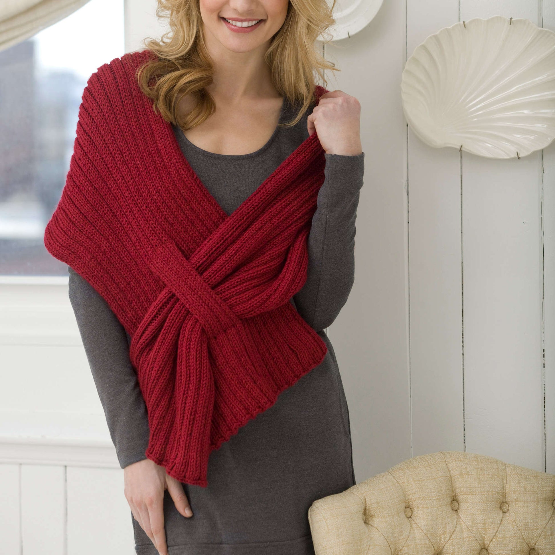 Free Red Heart Ribbed Slit Knit Shawl Pattern