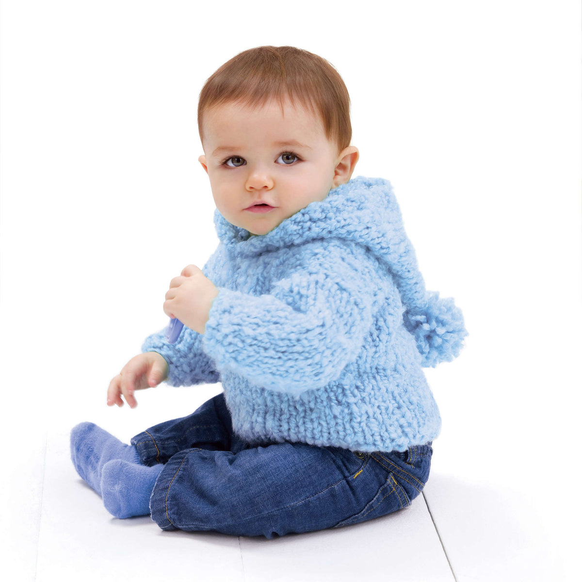 Knit Hoodie made in Red Heart Baby Clouds Yarn