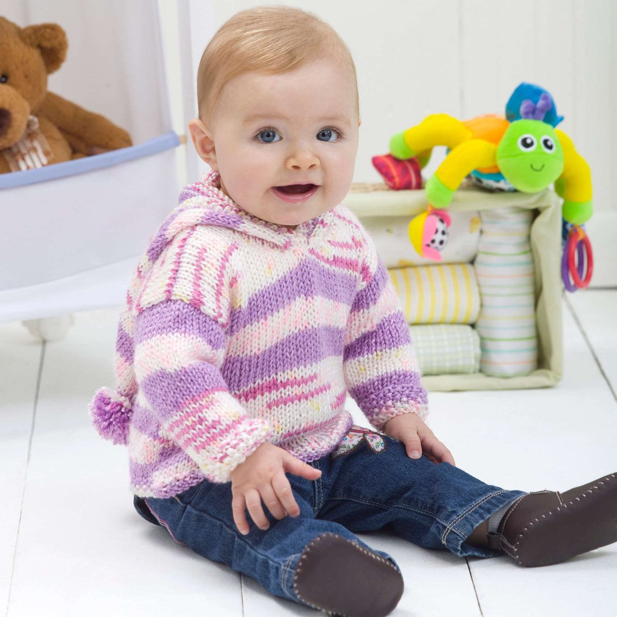 Knit Hoodie made in Red Heart Soft Baby Steps Yarn