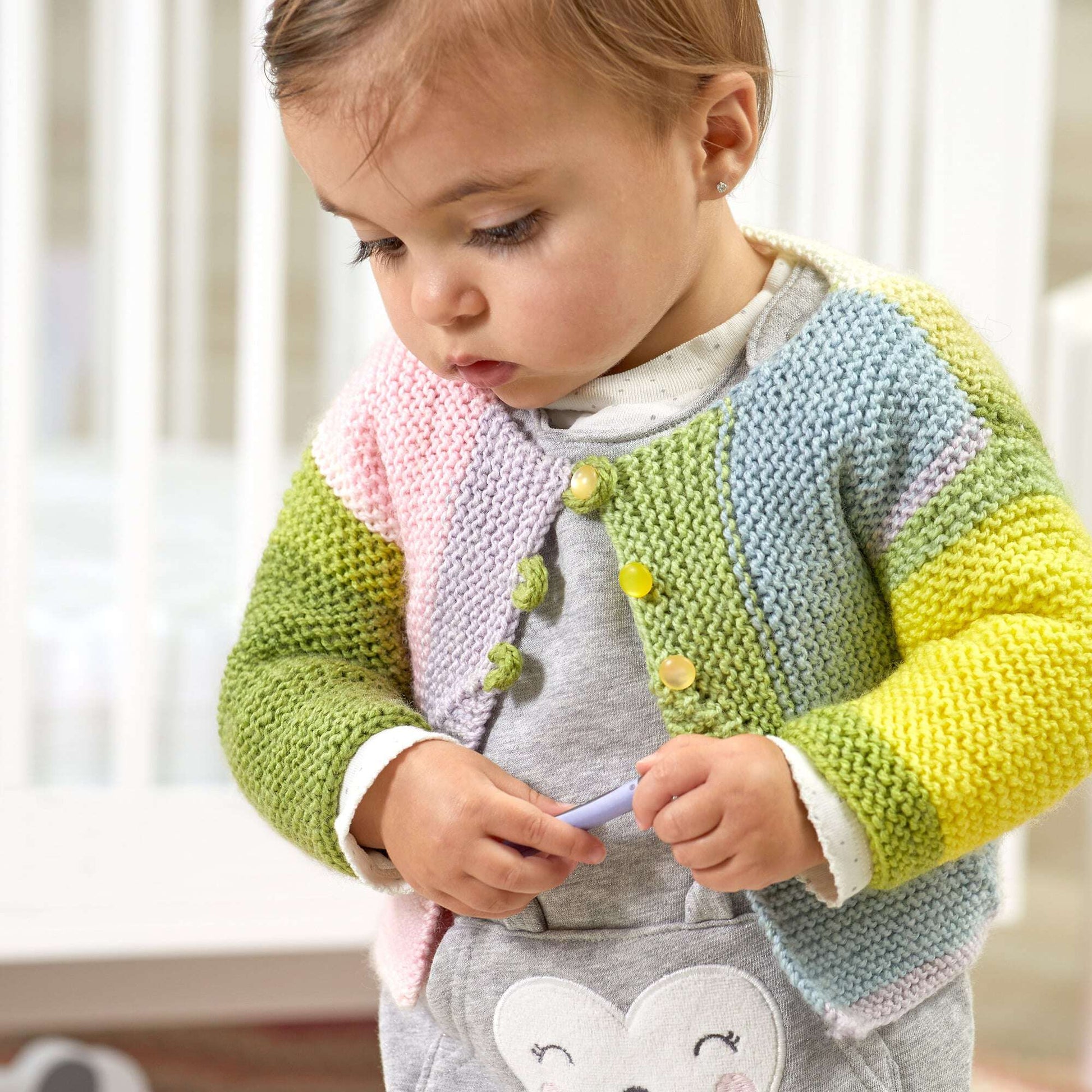 Free Red Heart Mitered Colorblock Baby Knit Cardigan Pattern