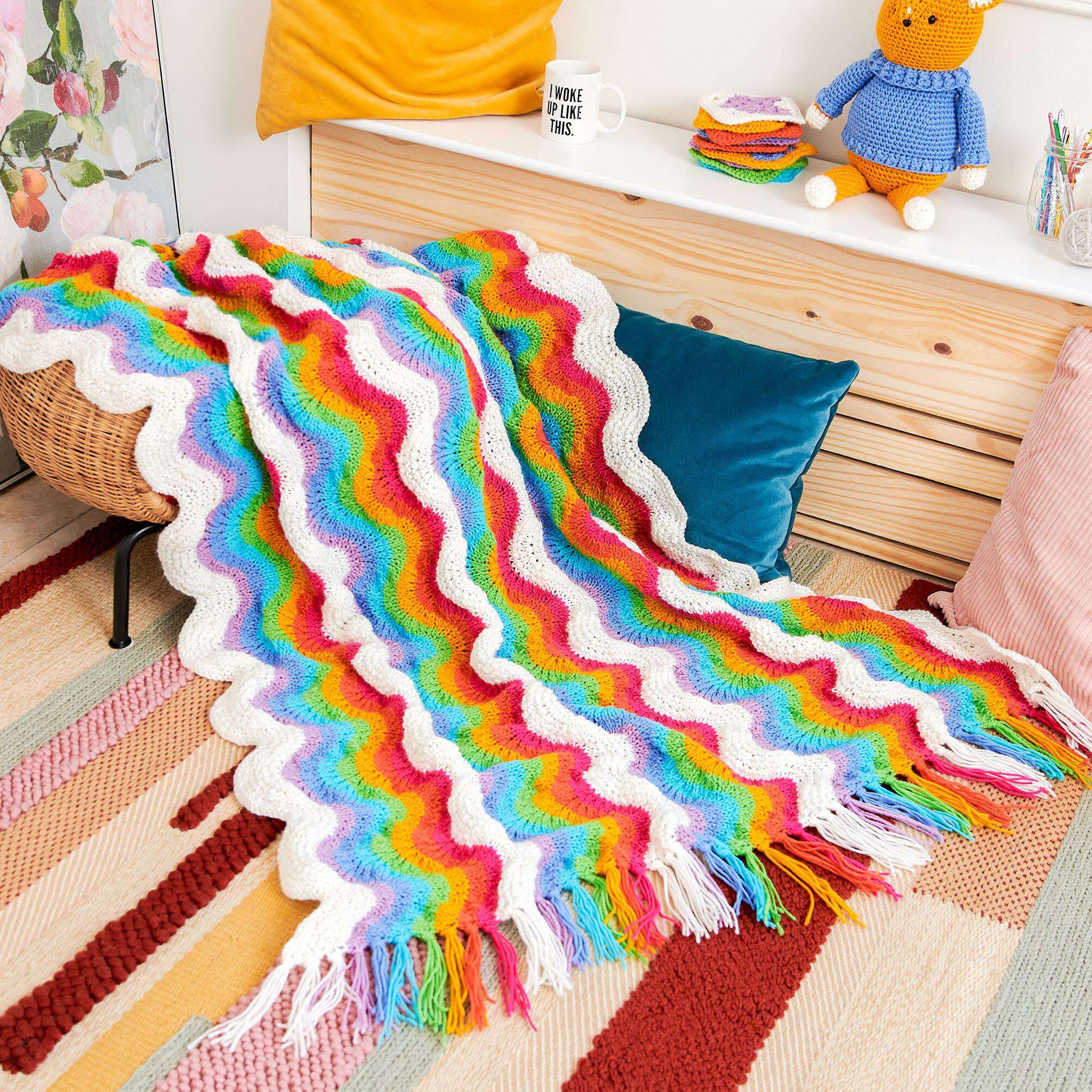 Free Red Heart Rainbow And Clouds Knit Blanket Pattern