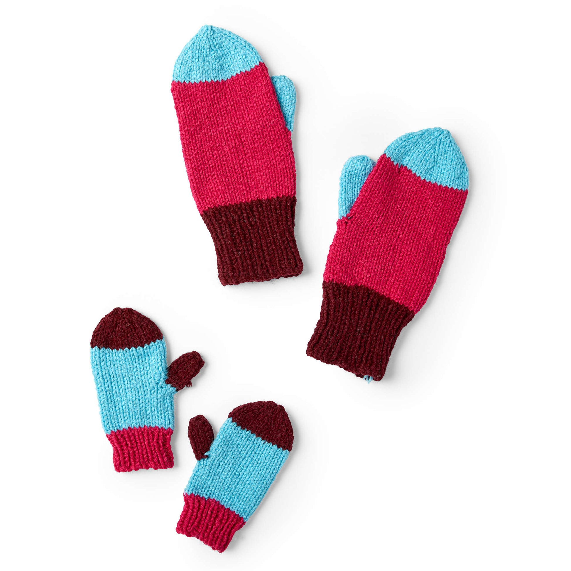 Free Red Heart Colorblock Family Knit Mittens Pattern