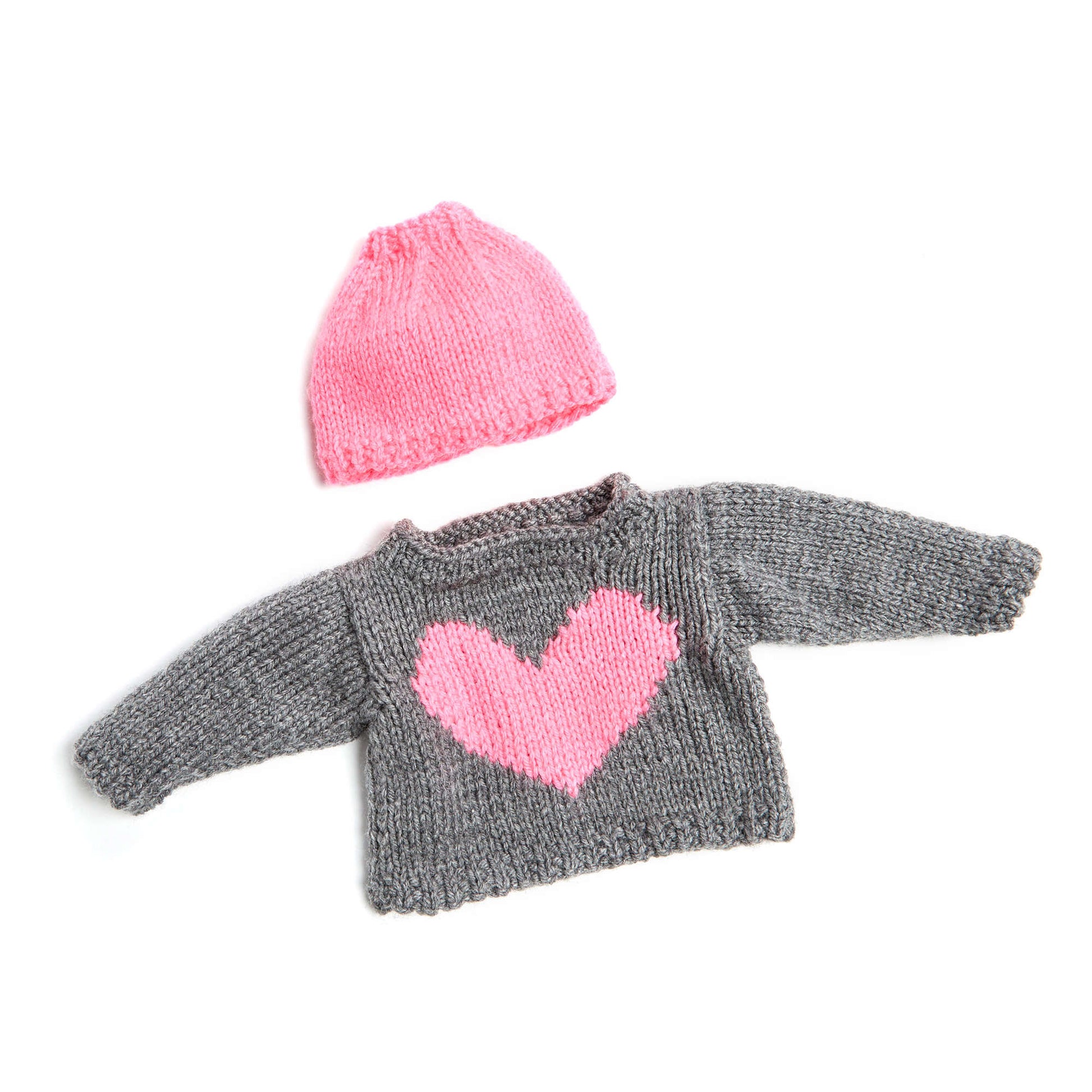 Free Red Heart Love My Doll Sweater & Messy Bun Hat Knit Pattern