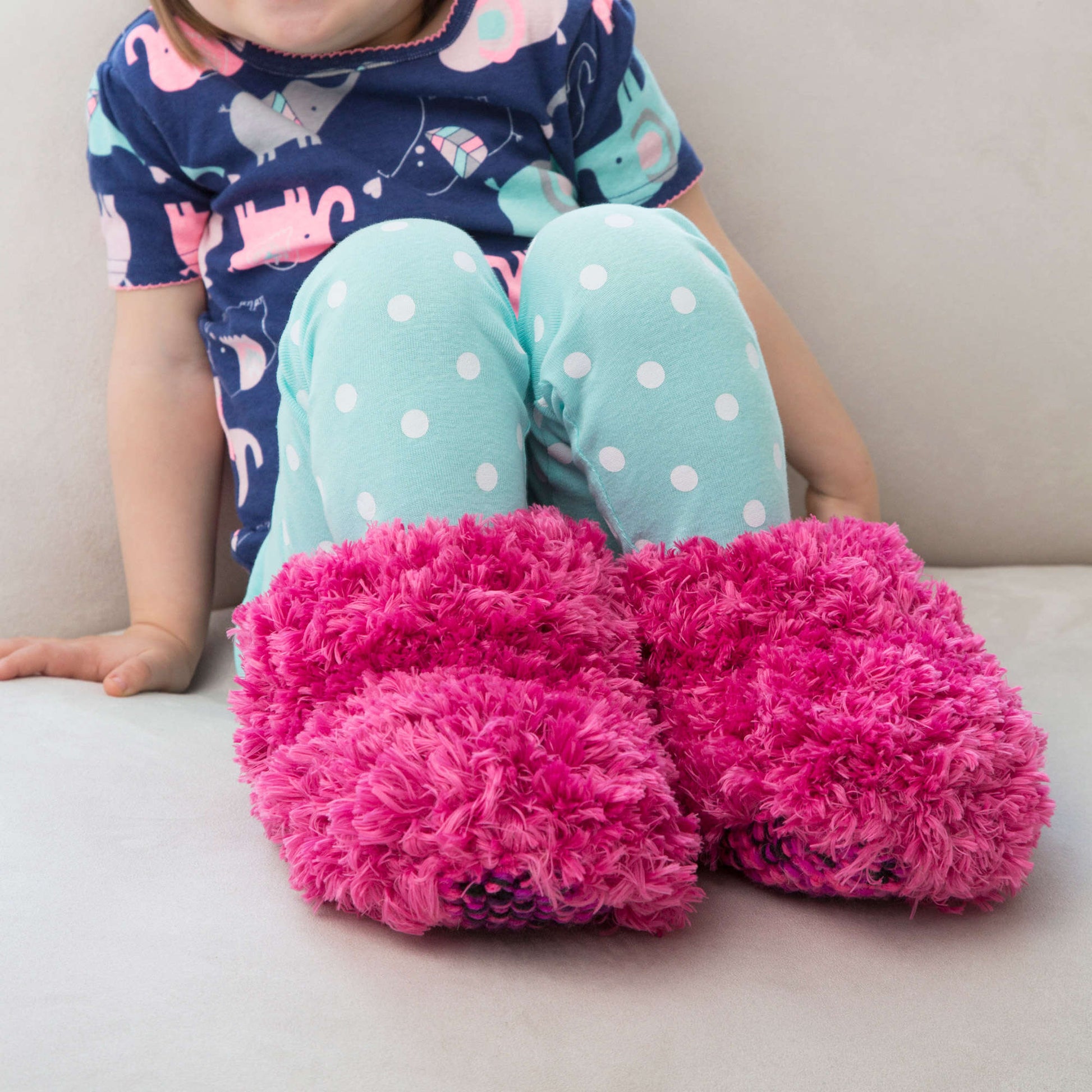 Free Red Heart Knit Child Fur Boot Slippers Pattern