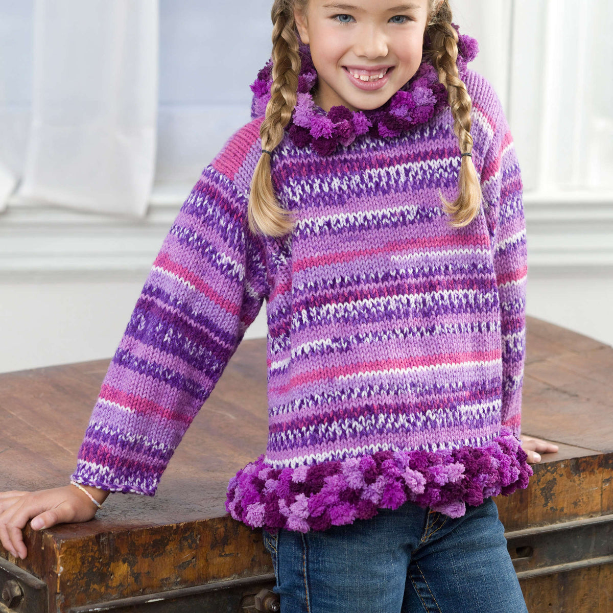 Knit Hoodie made in Red Heart Pomp-a-Doodle Yarn