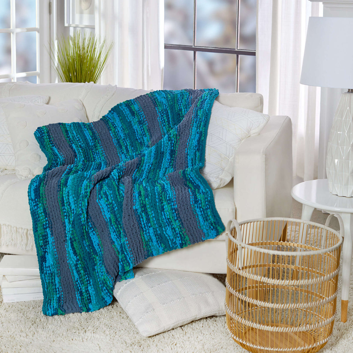 Knit throw made in Red Heart Sweet Home Yarn