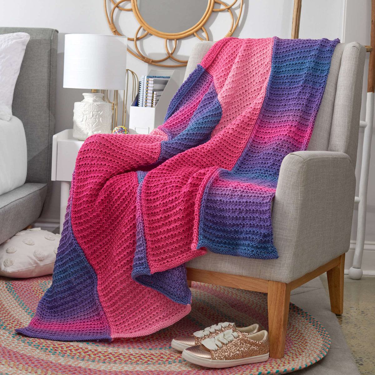 Knit Throw made in Red Heart Super Saver Ombre Yarn