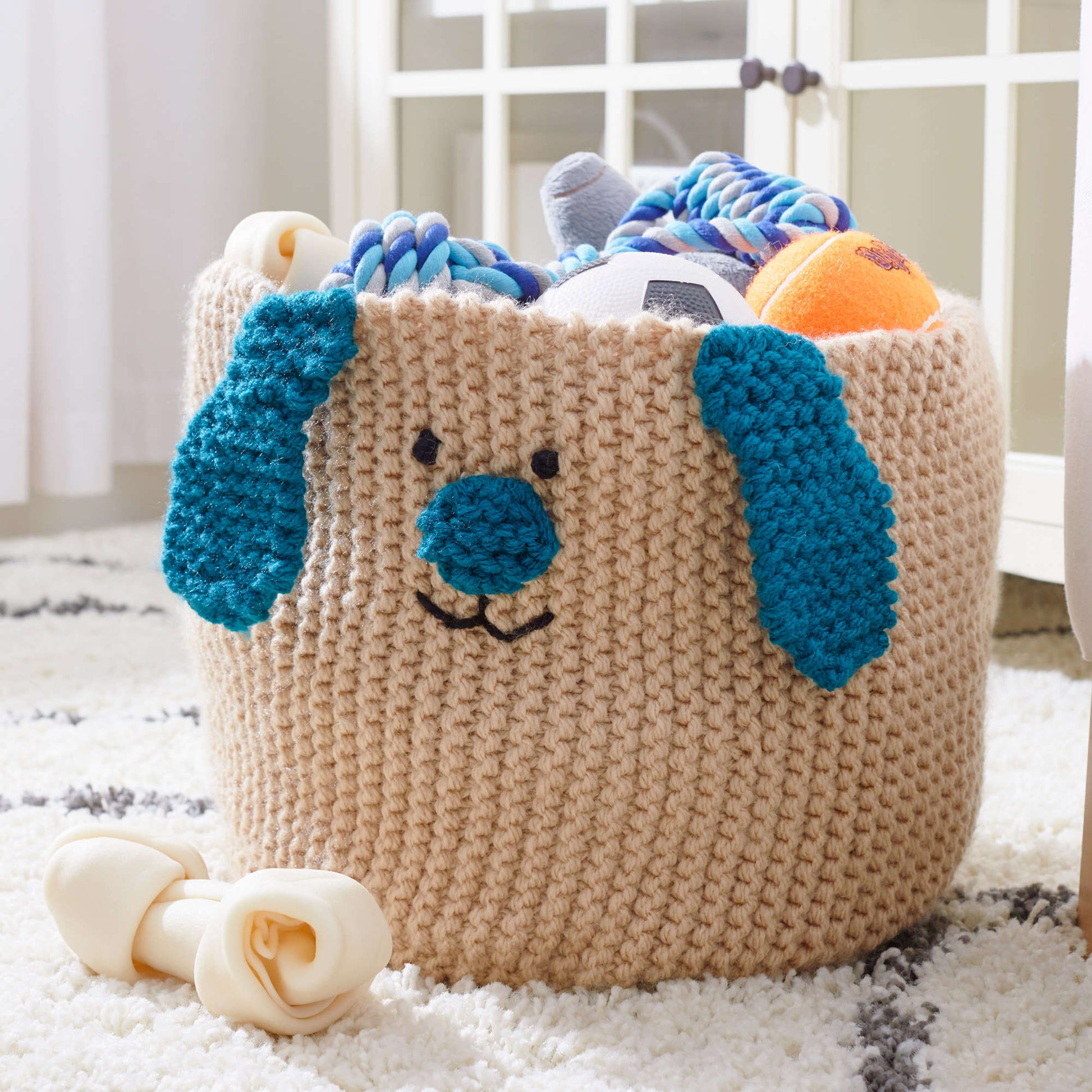 Free Red Heart Knit Puppy Toy Basket Pattern