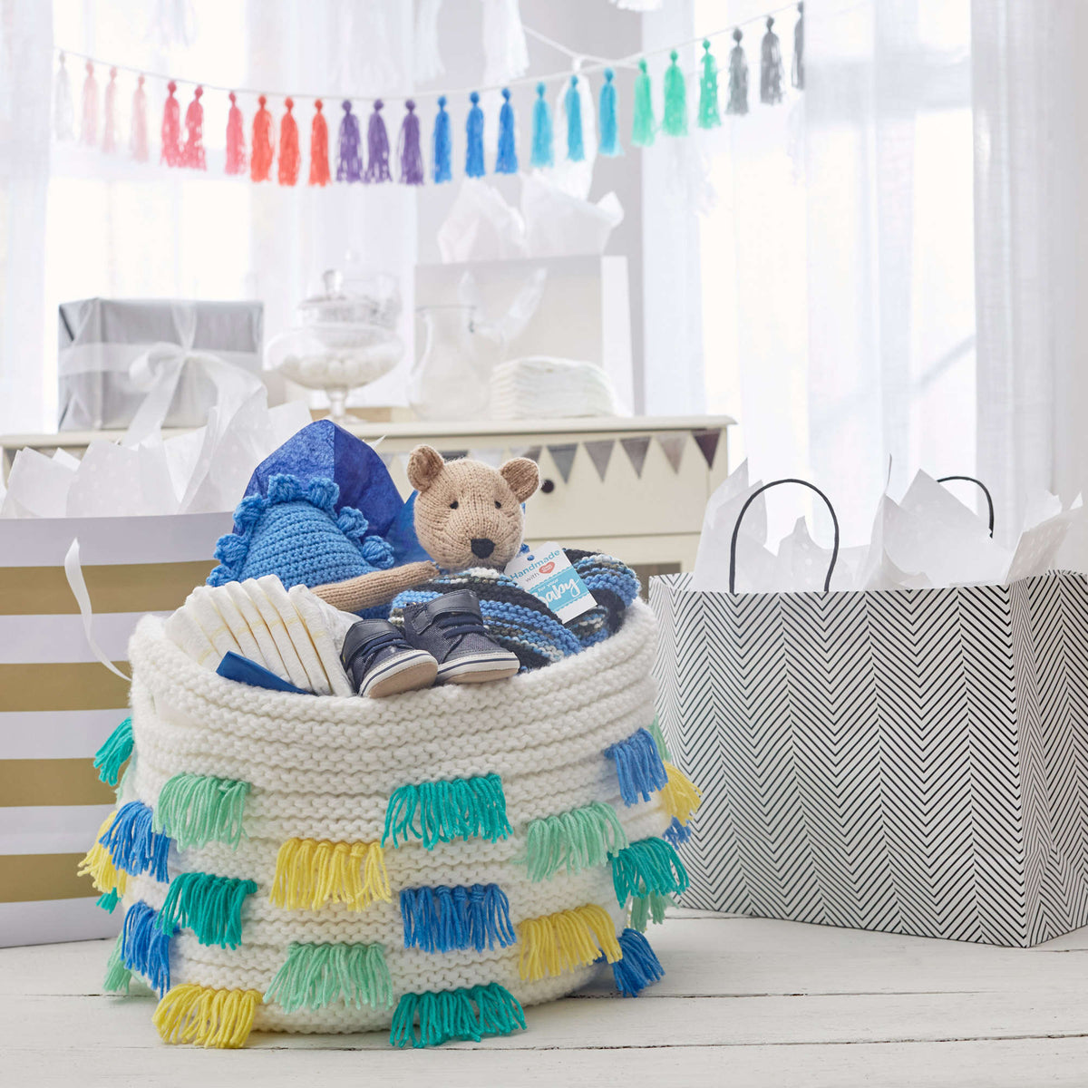 Knit Basket made in Red Heart Bunches of Hugs Yarn