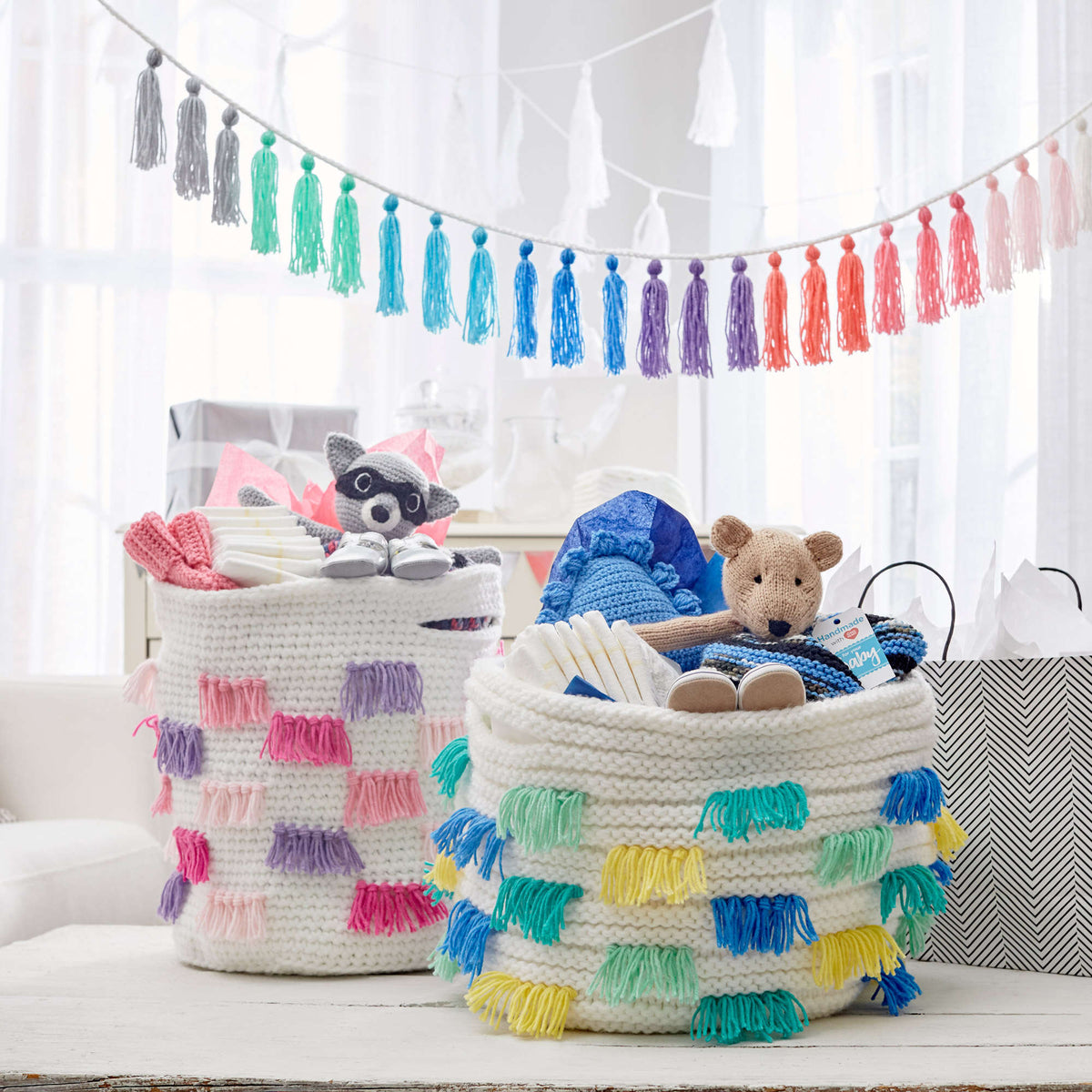 Knit Basket made in Red Heart Bunches of Hugs Yarn