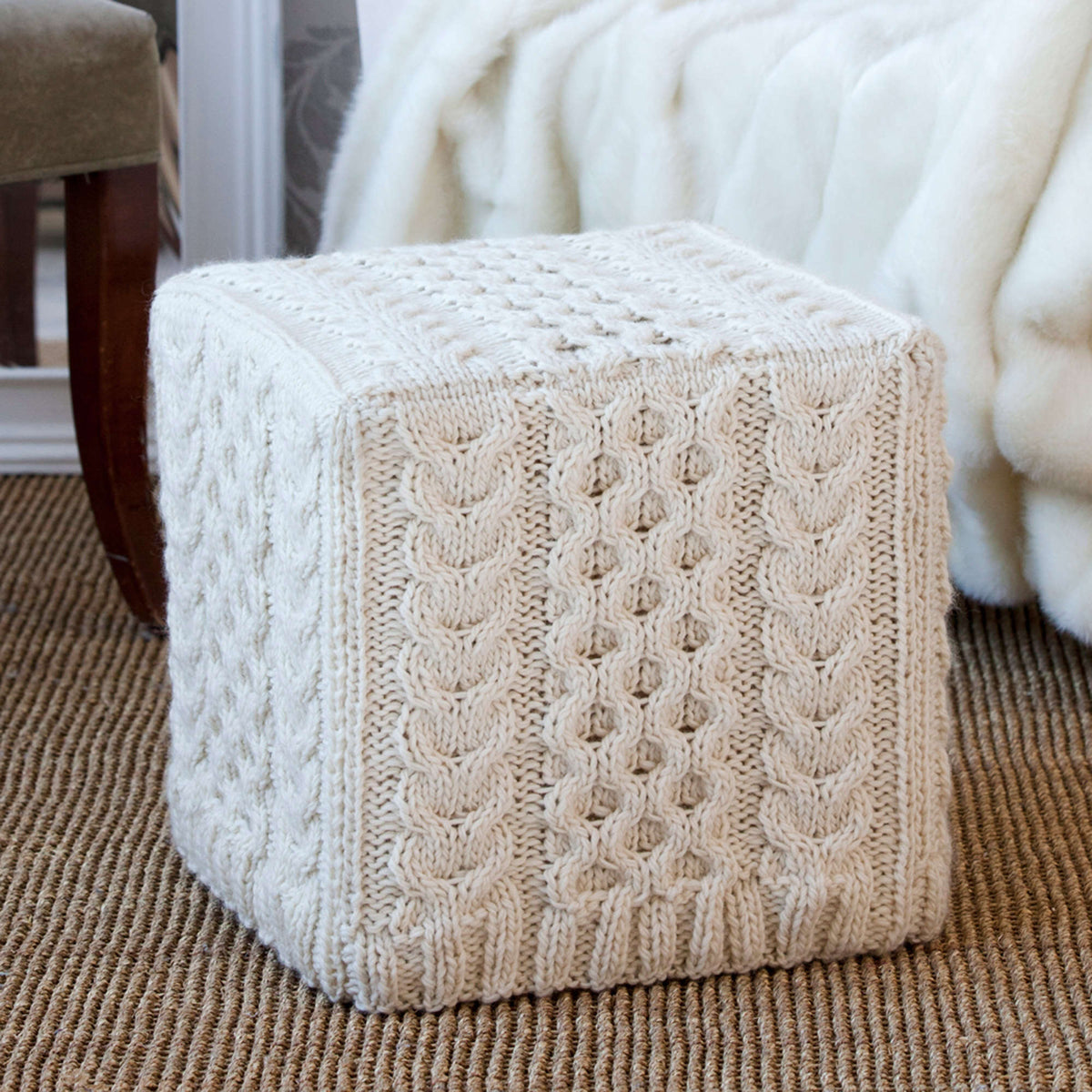 Knit Ottoman Cover made in Red Heart Full O' Sheep Yarn