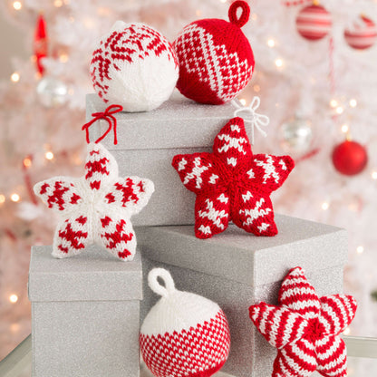 Red Heart Knit Holiday Stars And Balls Ornaments Knit Ornaments made in Red Heart Soft Yarn