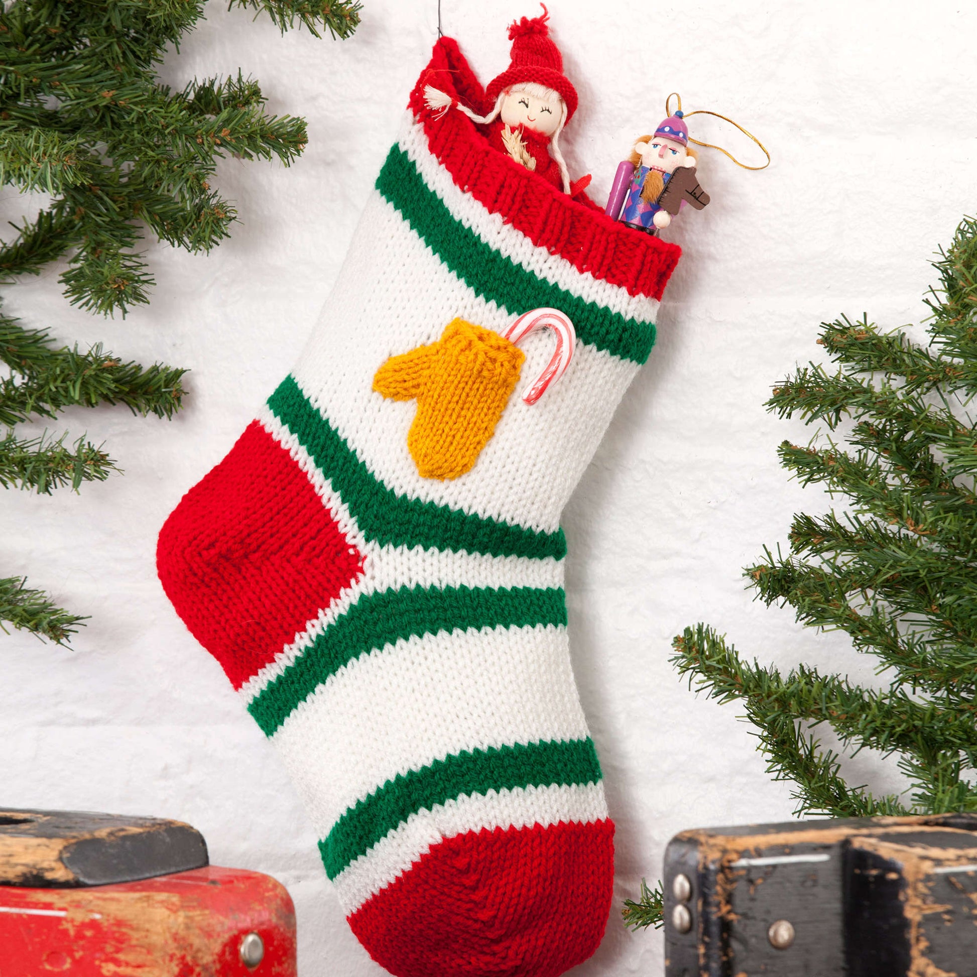 Free Red Heart Holiday Stocking With Mitten Pocket Knit Pattern