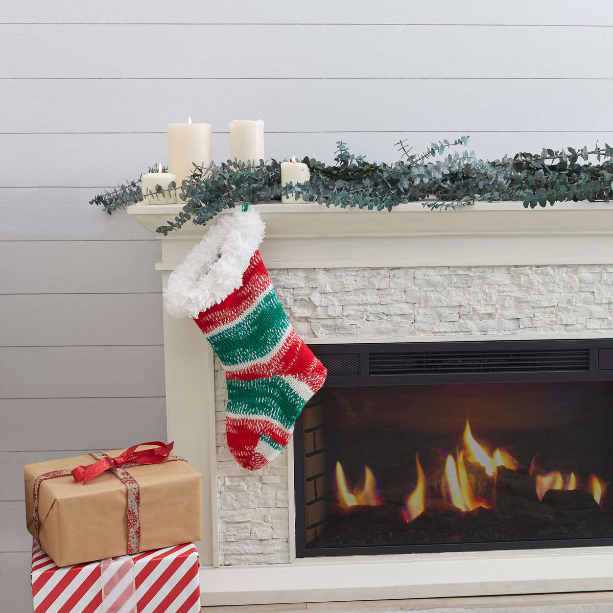 Knit Stockings made in Red Heart Super Saver Fair Isle Yarn