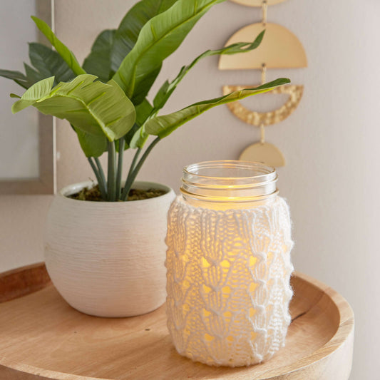 Knit Mason Jar Cover made in Red Heart Super Saver Yarn