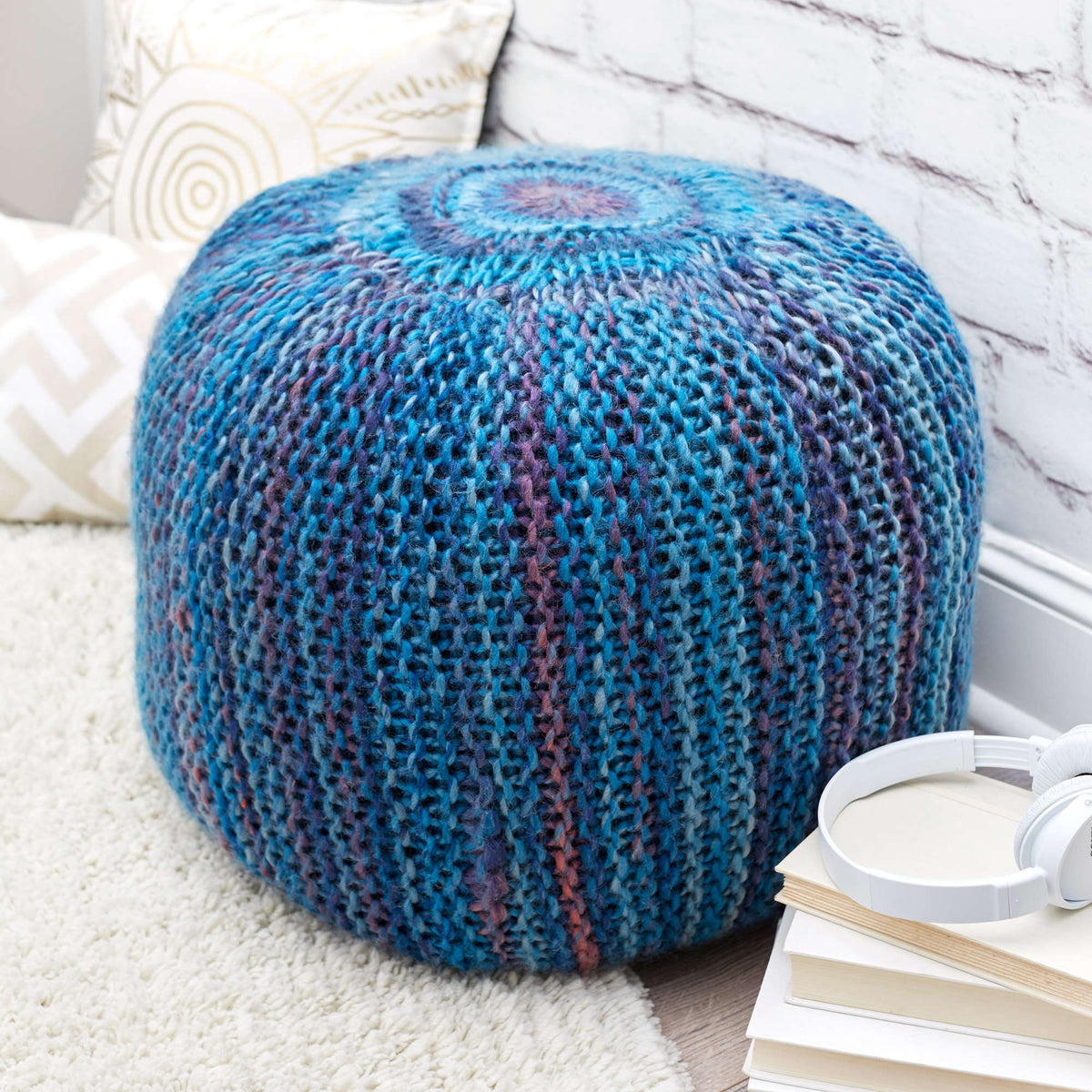 Knit Pouf made in Red Heart Evermore Yarn